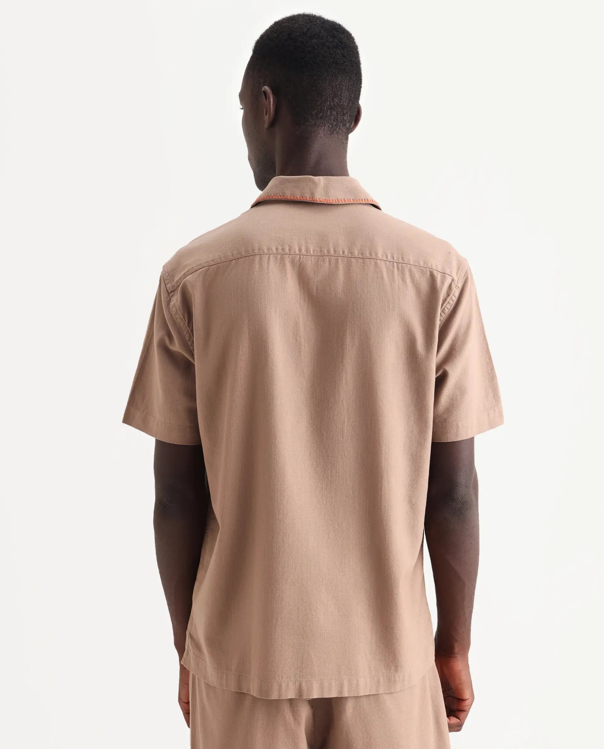 Rare Rabbit Men's Couvin Light Brown Cotton Embroidered Boxy Fit Half Sleeve Cuban Collar Shirt