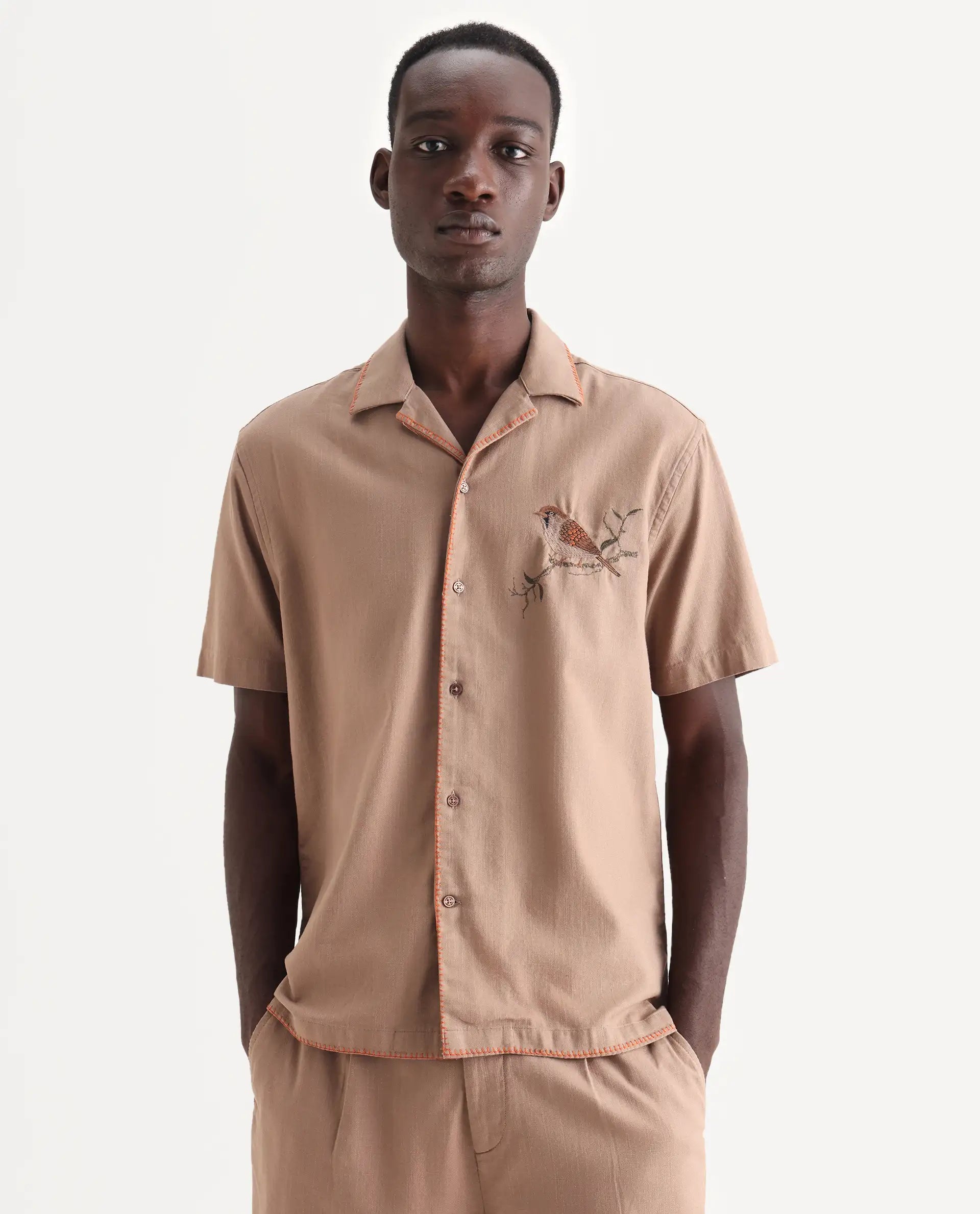 Rare Rabbit Men's Couvin Light Brown Cotton Embroidered Boxy Fit Half Sleeve Cuban Collar Shirt