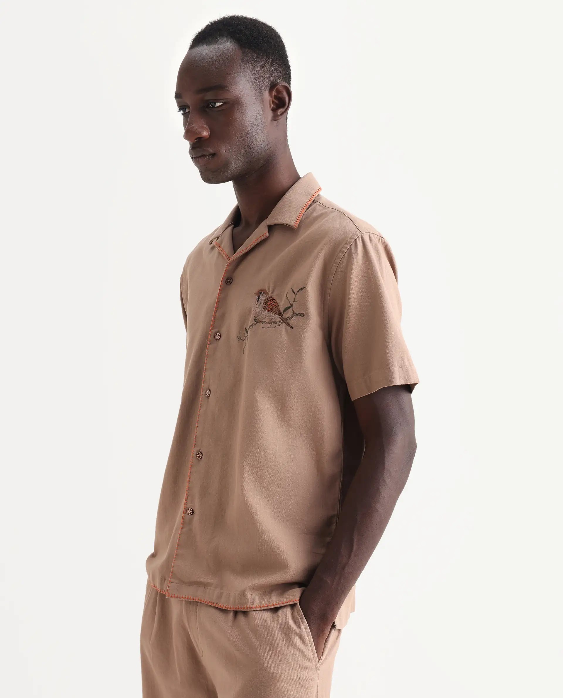 Rare Rabbit Men's Couvin Light Brown Cotton Embroidered Boxy Fit Half Sleeve Cuban Collar Shirt