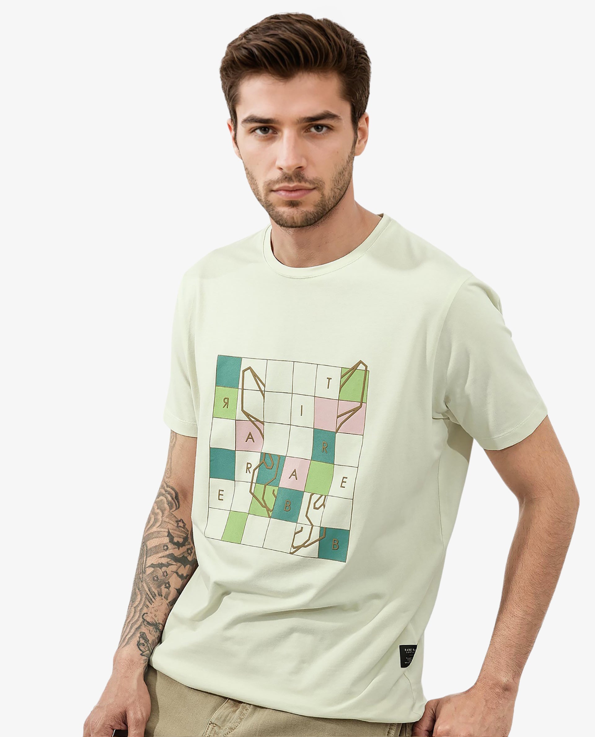 Rare Rabbit Articale Mens Cove Pastel Green Cotton Polyester Fabric Short Sleeve Crew Neck Regular Fit Graphic Printed T-Shirt