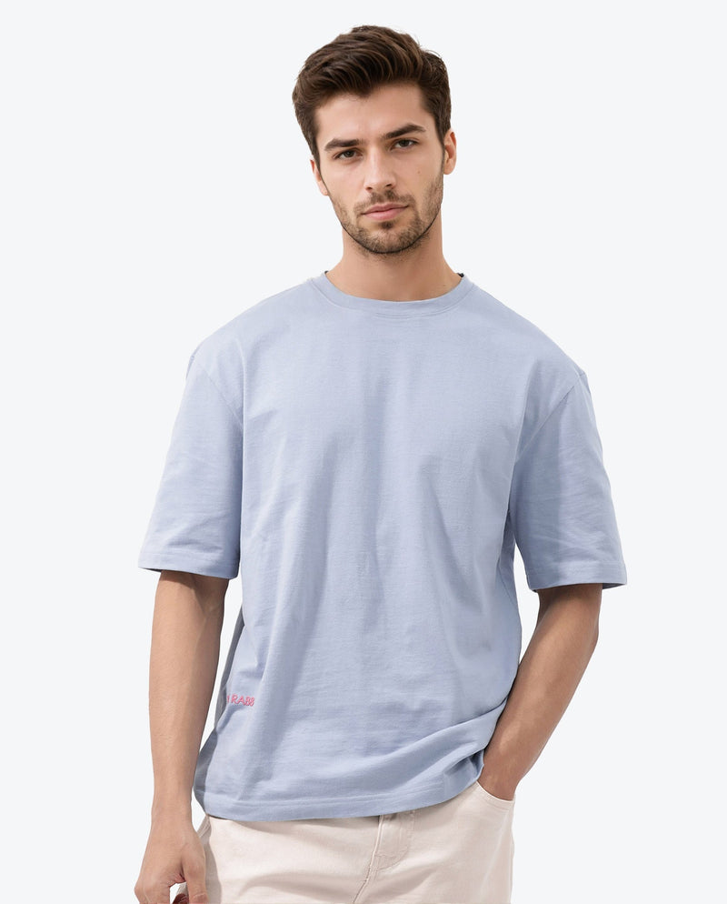 Rare Rabbit Articale Men's Covey Blue Cotton Fabric Crew Neck Oversized Fit Knit Botanical Print T-Shirt