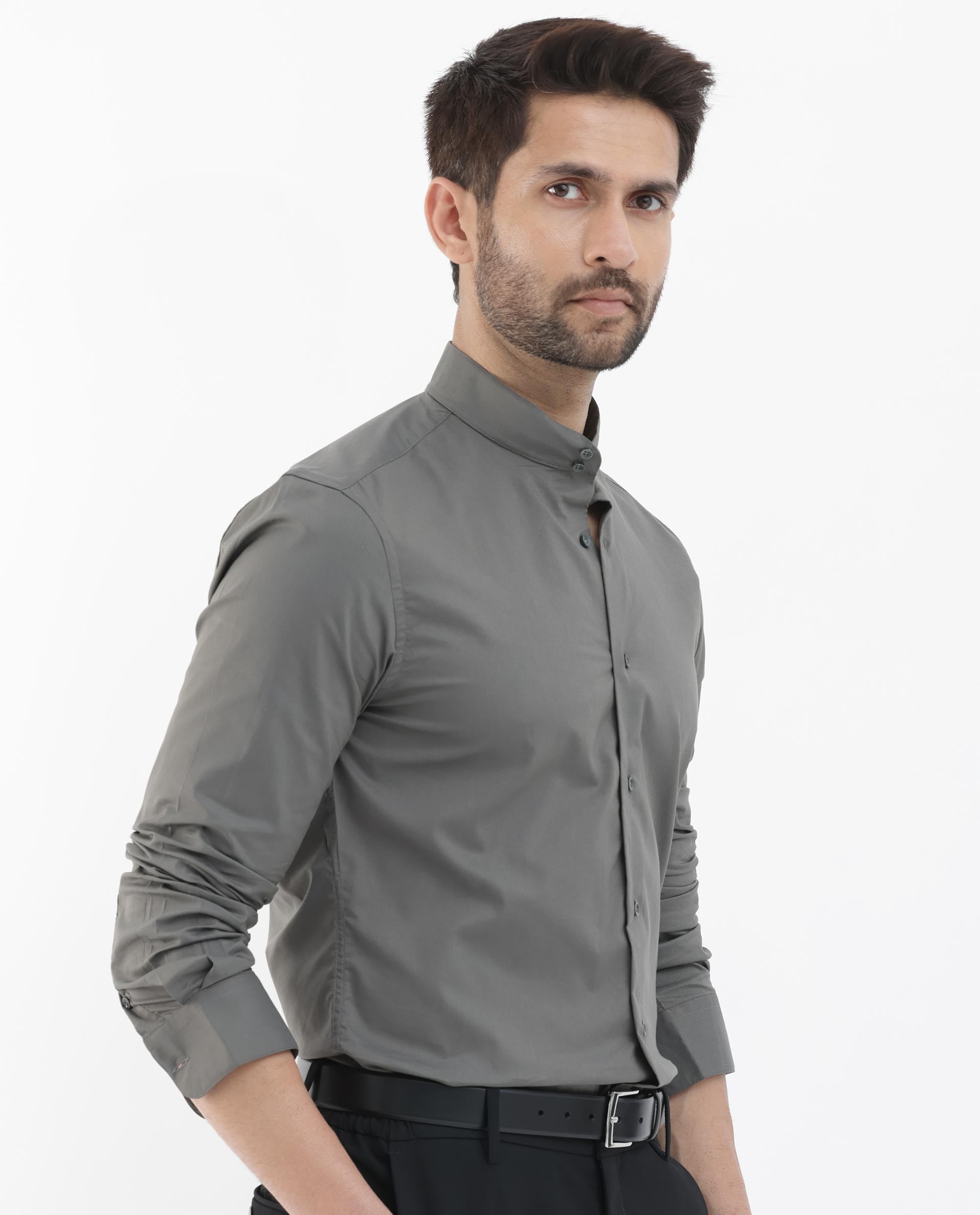 Rare Rabbit Men's Cox-3 Grey Cotton Polyester Fabric Mandarin Collar Full Sleeves Plain Shirt