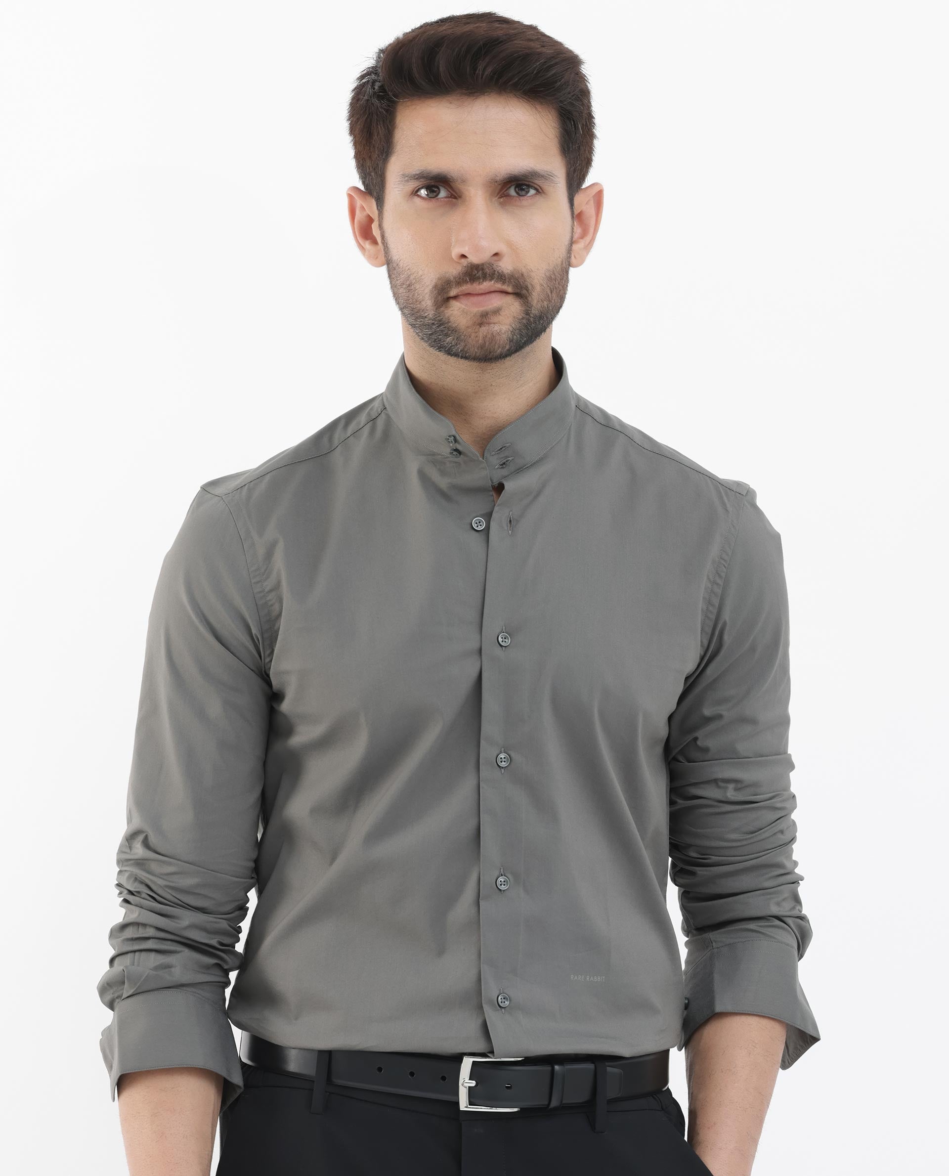 Rare Rabbit Men's Cox-3 Grey Cotton Polyester Fabric Mandarin Collar Full Sleeves Plain Shirt
