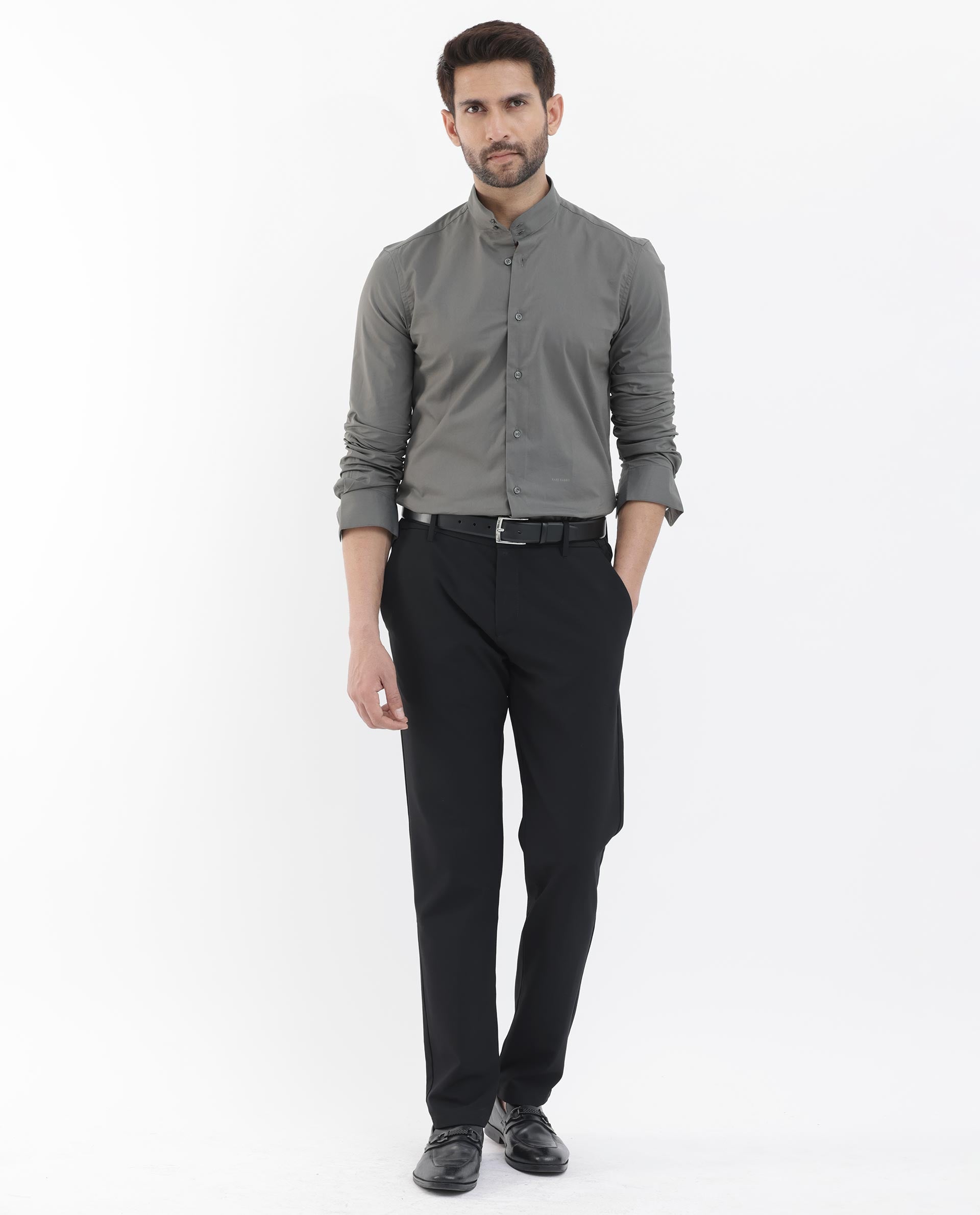 Rare Rabbit Men's Cox-3 Grey Cotton Polyester Fabric Mandarin Collar Full Sleeves Plain Shirt