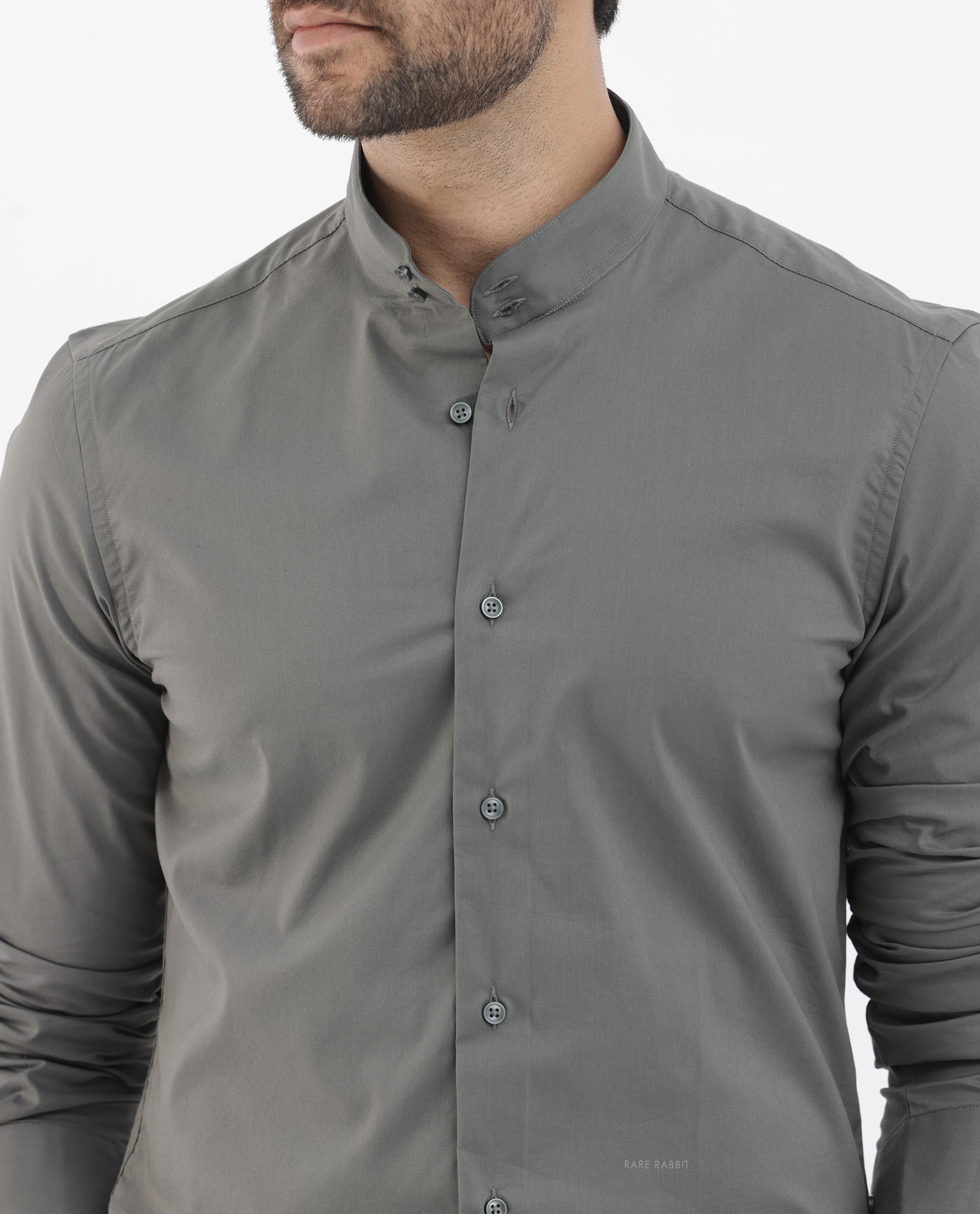 Rare Rabbit Men's Cox-3 Grey Cotton Polyester Fabric Mandarin Collar Full Sleeves Plain Shirt
