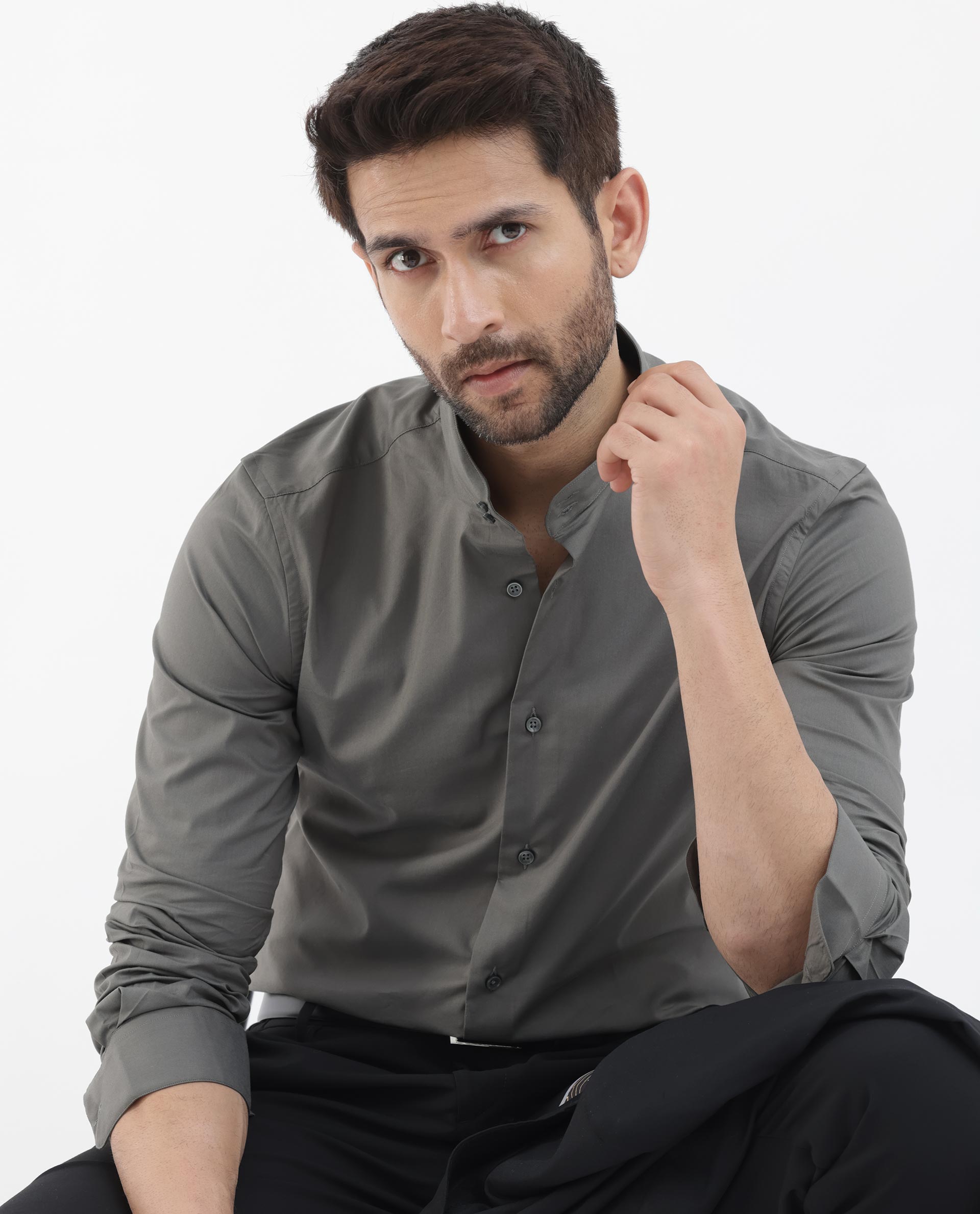 Rare Rabbit Men's Cox-3 Grey Cotton Polyester Fabric Mandarin Collar Full Sleeves Plain Shirt