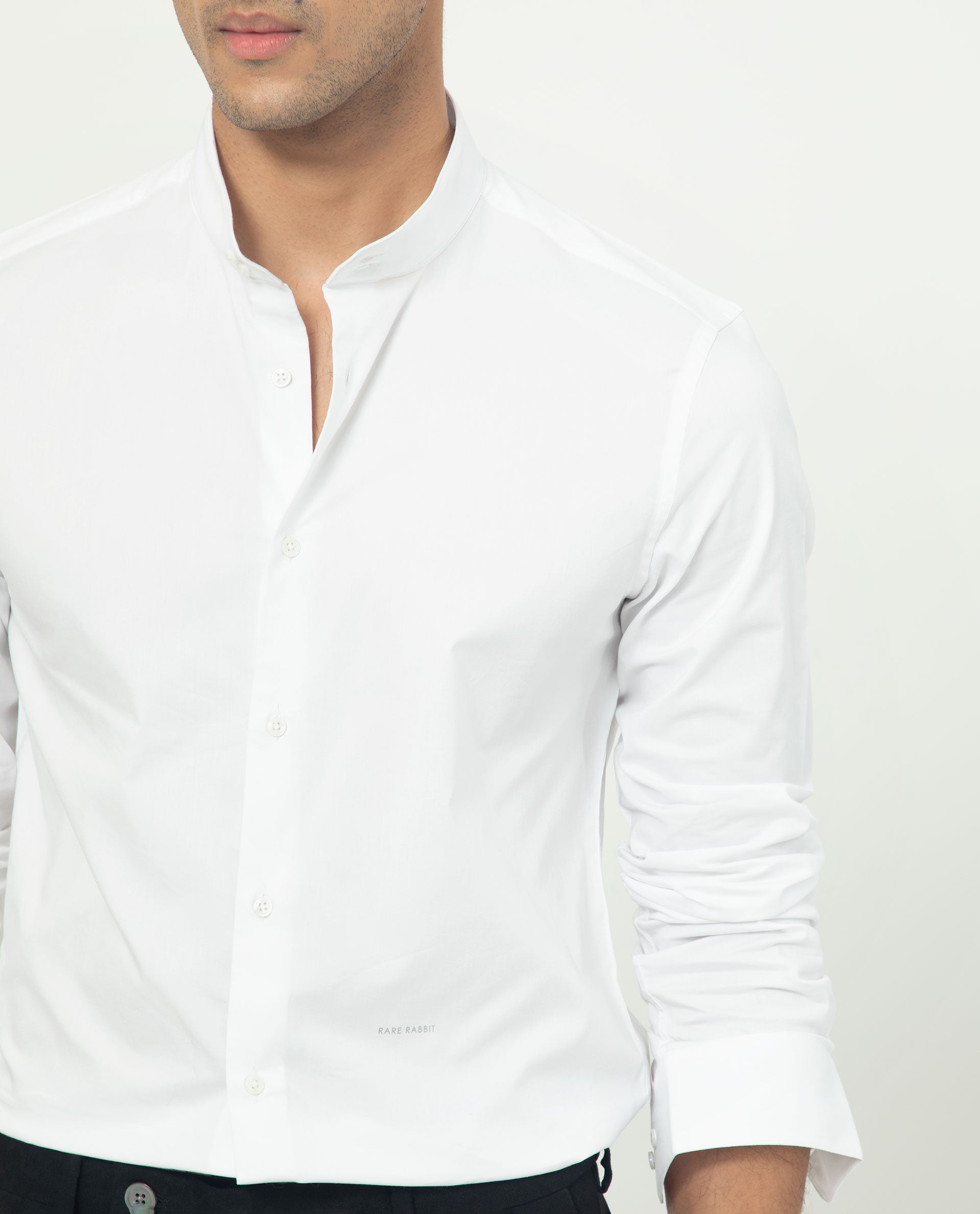 Rare Rabbit Men's Coxx Off-White Cotton Polyester Fabric High Neck Mandarin Collar Full Sleeves Solid Shirt