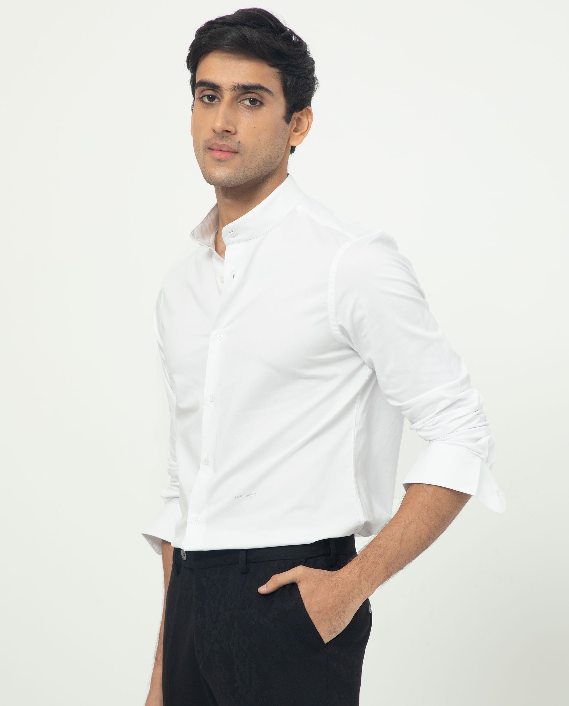 Rare Rabbit Men's Coxx Off-White Cotton Polyester Fabric High Neck Mandarin Collar Full Sleeves Solid Shirt