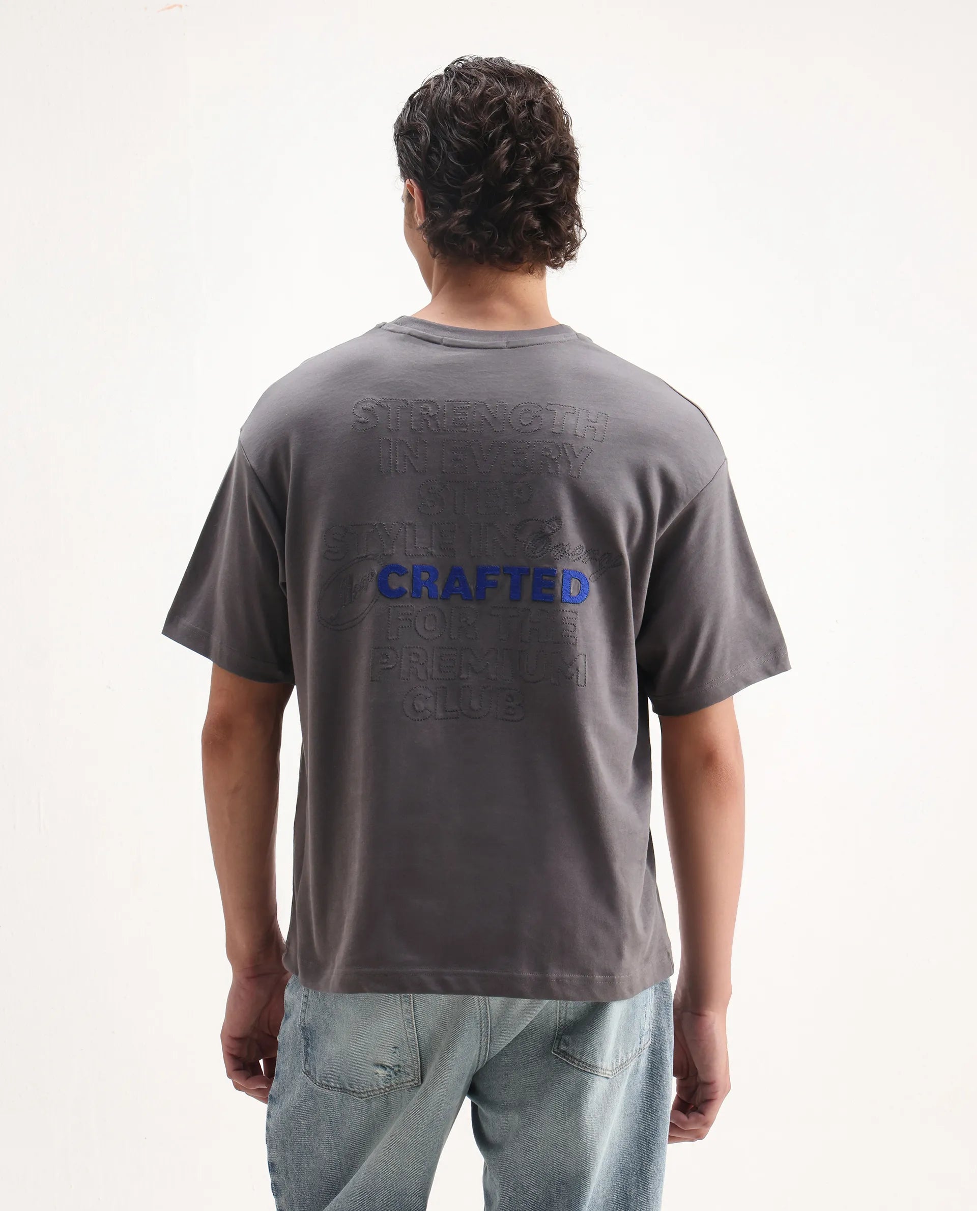 Rare Rabbit Men's Craft Dark Grey Cotton Embroidered Oversized Fit Half Sleeve Crew Neck T-Shirt