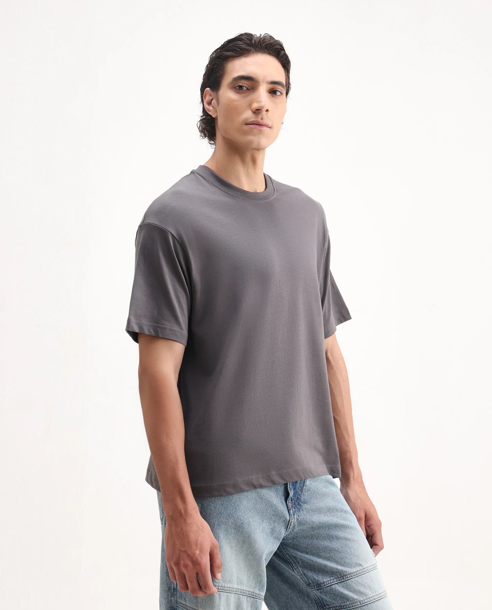 Rare Rabbit Men's Craft Dark Grey Cotton Embroidered Oversized Fit Half Sleeve Crew Neck T-Shirt