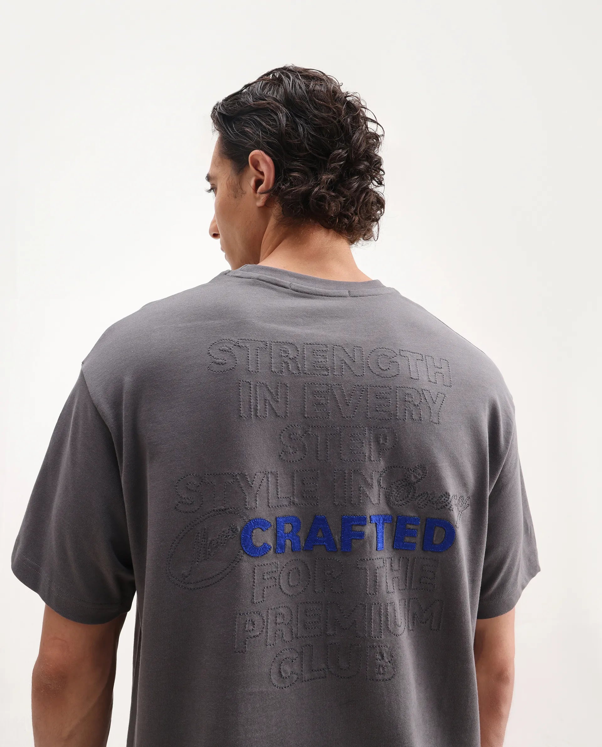 Rare Rabbit Men's Craft Dark Grey Cotton Embroidered Oversized Fit Half Sleeve Crew Neck T-Shirt