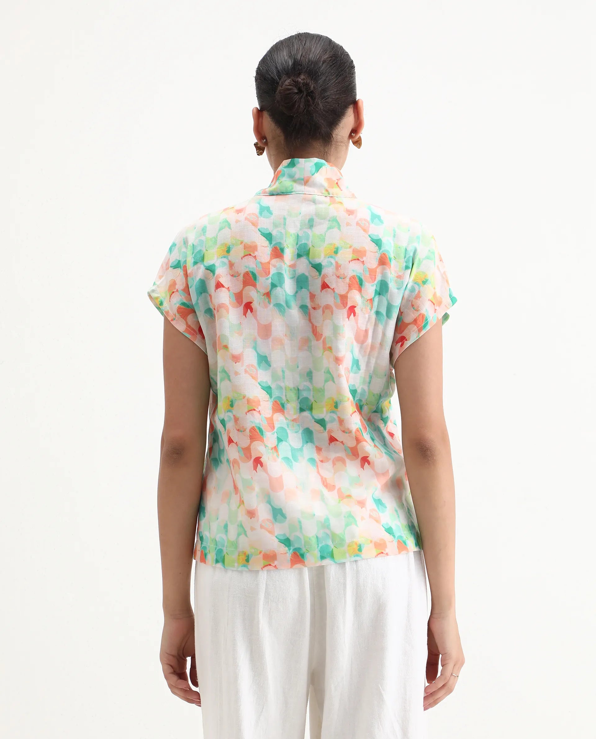 Rareism Women's Crescent Flouroscent Multi Linen Collarless Geometric Print Extended Sleeves Regular Fit Top