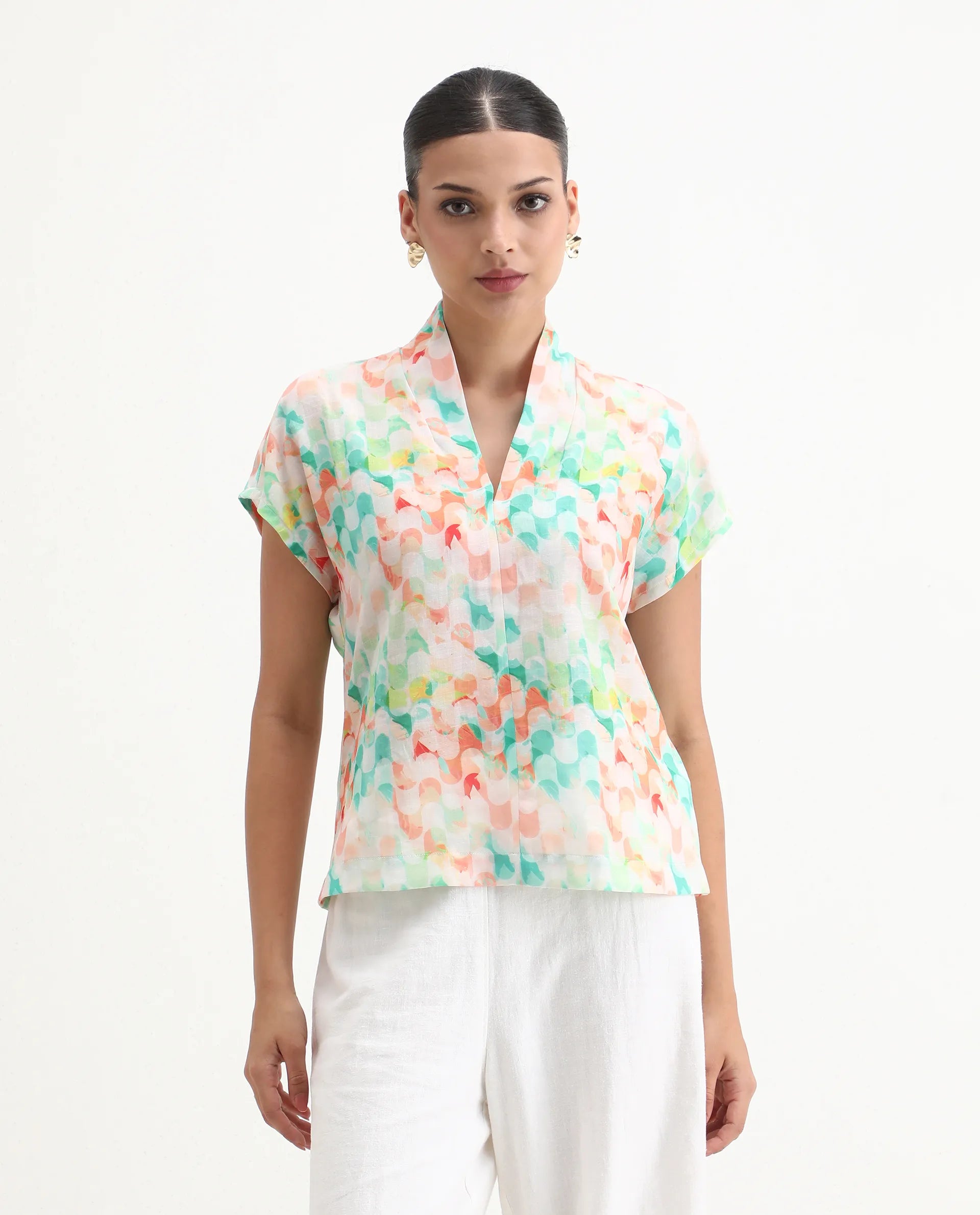 Rareism Women's Crescent Flouroscent Multi Linen Collarless Geometric Print Extended Sleeves Regular Fit Top