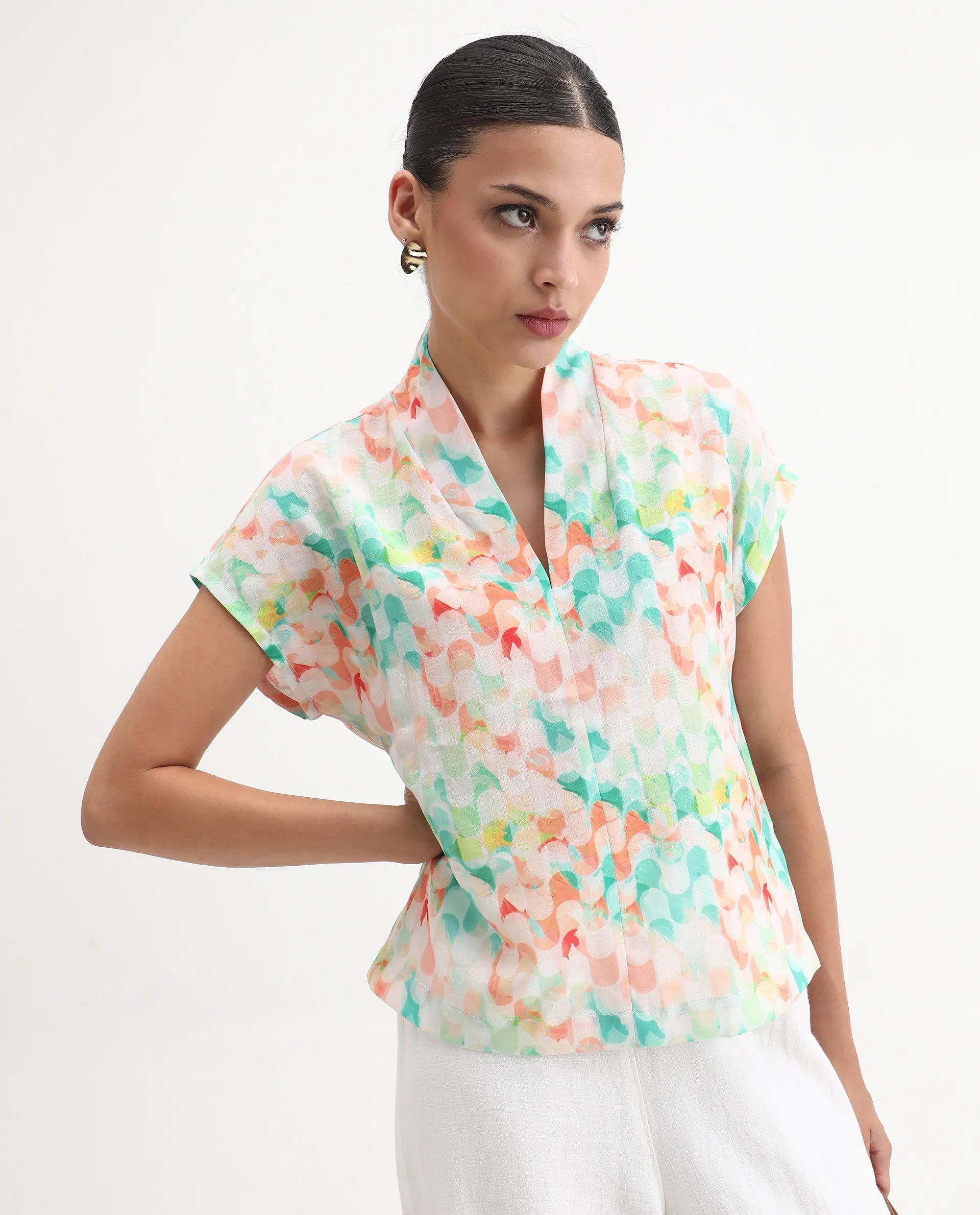 Rareism Women's Crescent Flouroscent Multi Linen Collarless Geometric Print Extended Sleeves Regular Fit Top