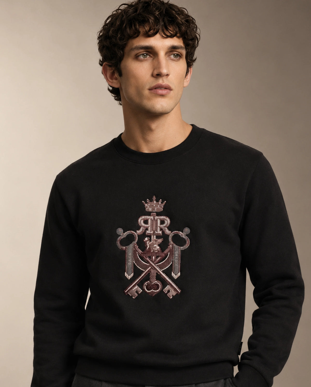 Rare Rabbit Men's Cret Primary Black Cotton Blend Crew Neck Regular Graphic Print Sweatshirt
