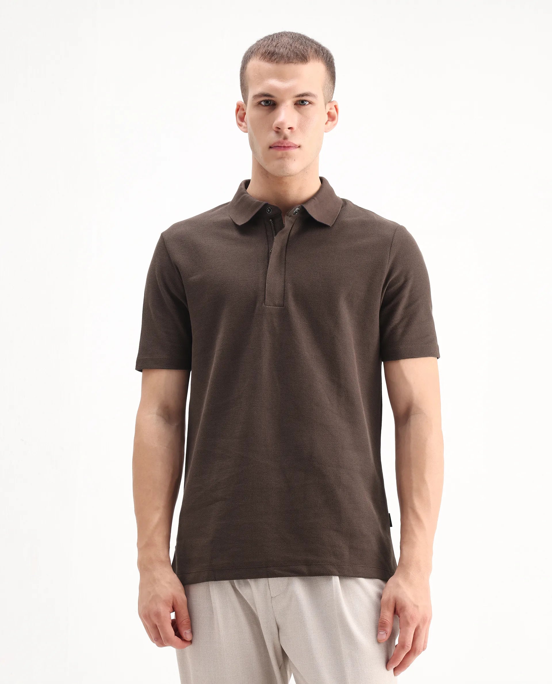 Rare Rabbit Men's Crin Brown Cotton Plain Regular Fit Half Sleeve Polo
