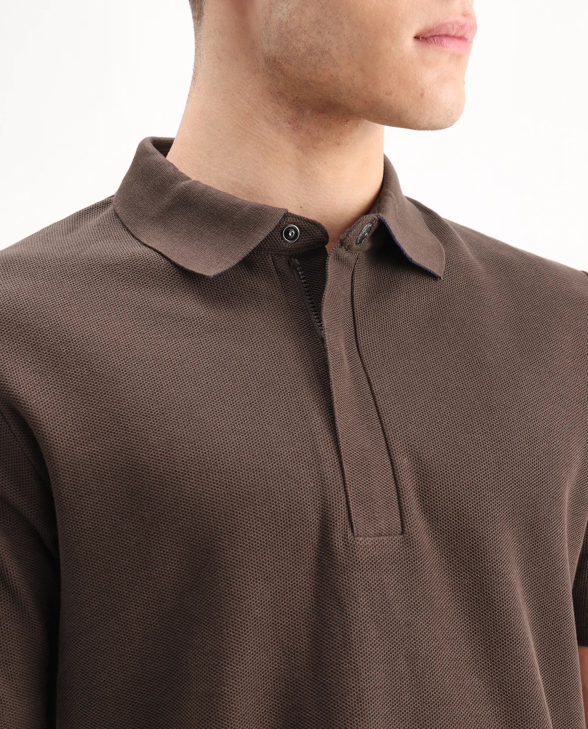 Rare Rabbit Men's Crin Brown Cotton Plain Regular Fit Half Sleeve Polo