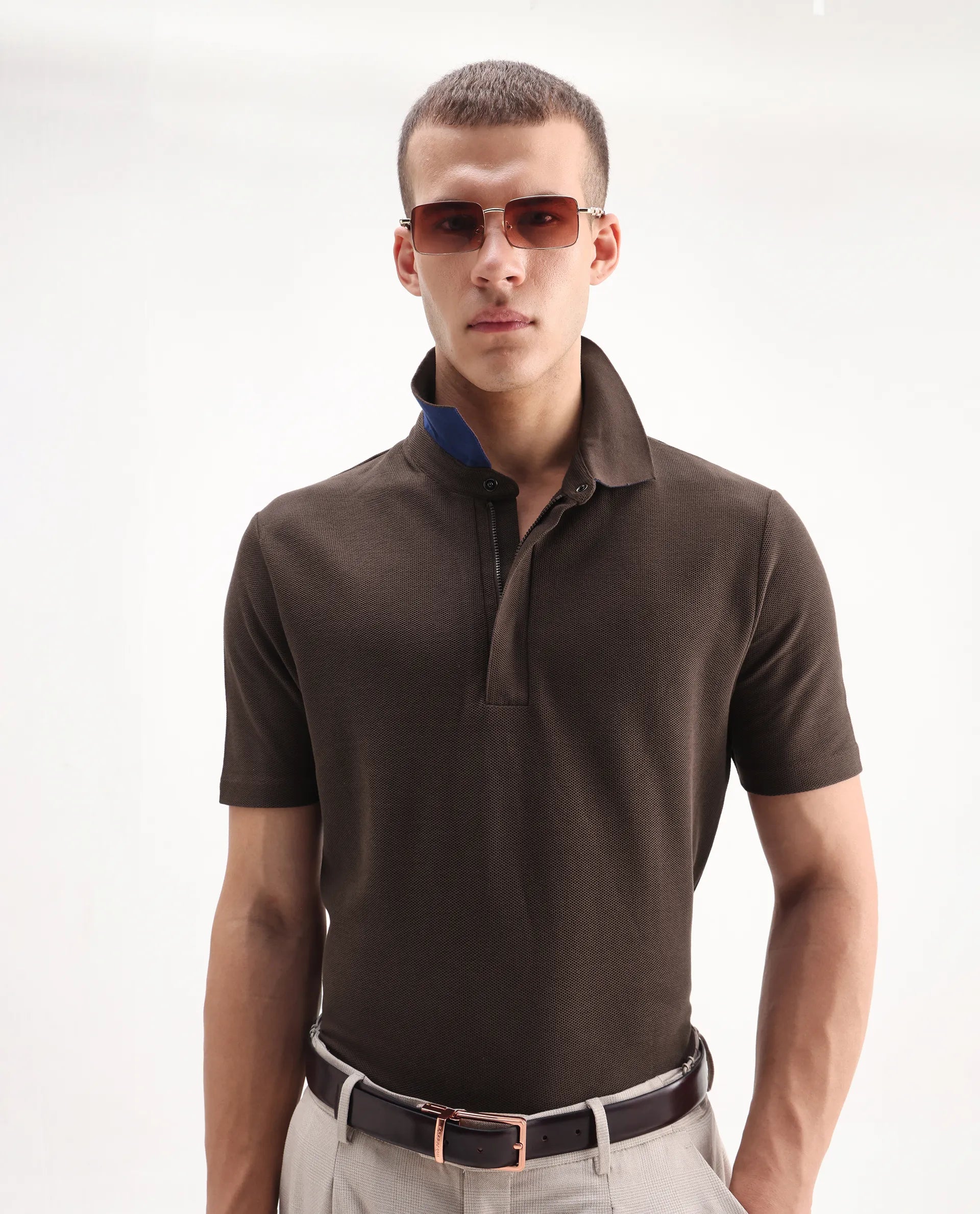 Rare Rabbit Men's Crin Brown Cotton Plain Regular Fit Half Sleeve Polo