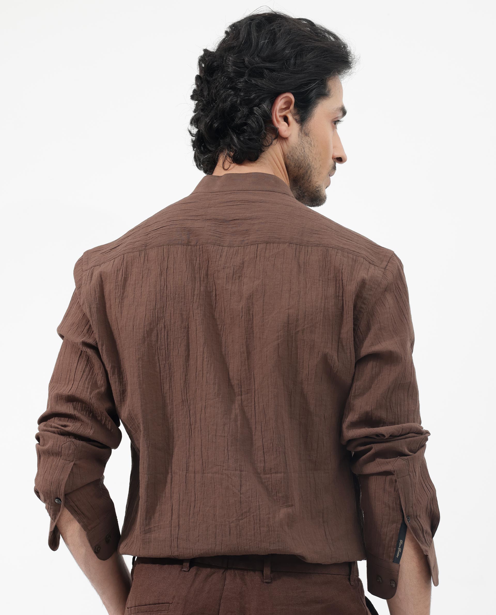 Rare Rabbit Men's Crinkle LS Brown Cotton Fabric Mandarin Collar Full Sleeves Solid Crinkle Effect Solid Shirt