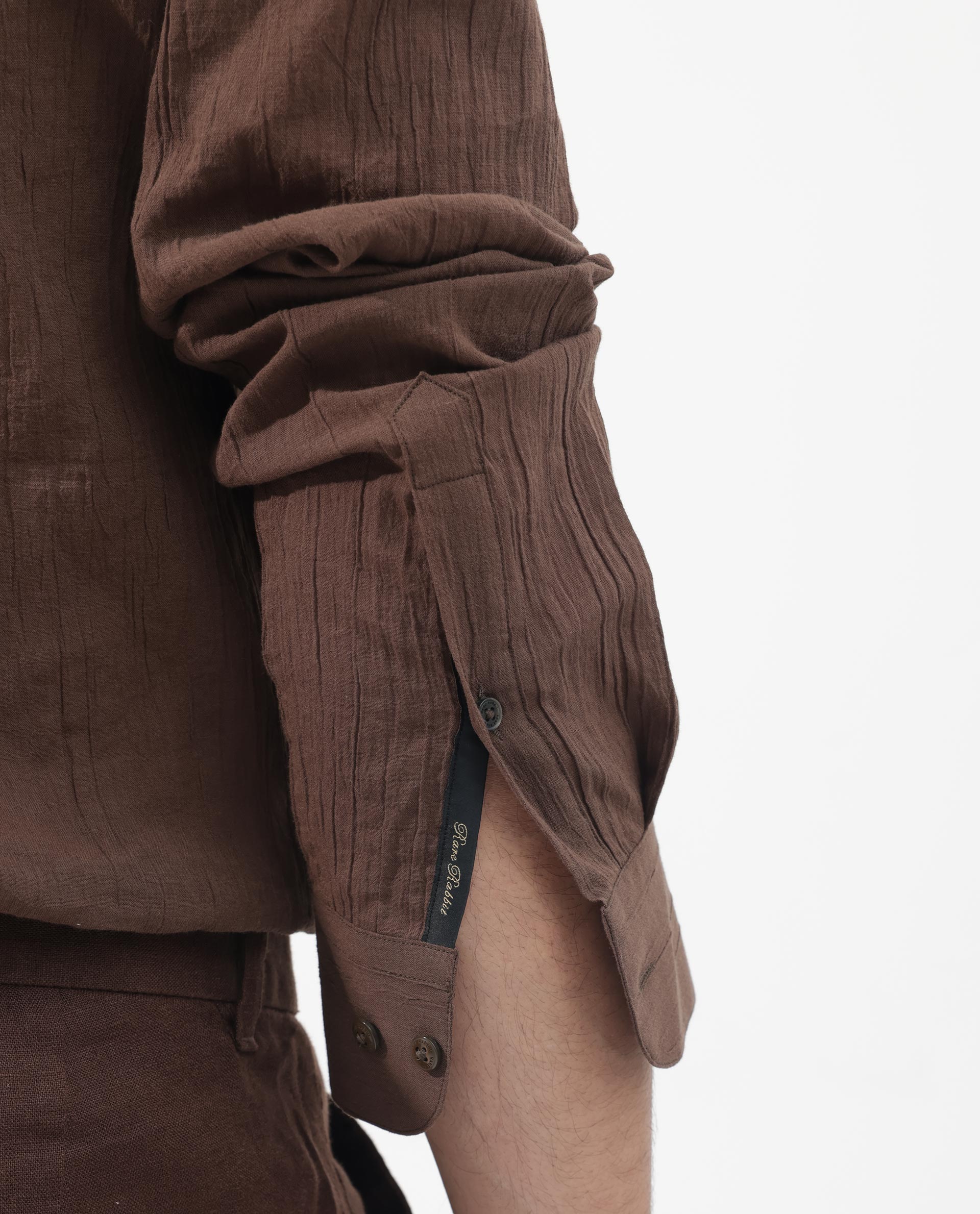 Rare Rabbit Men's Crinkle LS Brown Cotton Fabric Mandarin Collar Full Sleeves Solid Crinkle Effect Solid Shirt