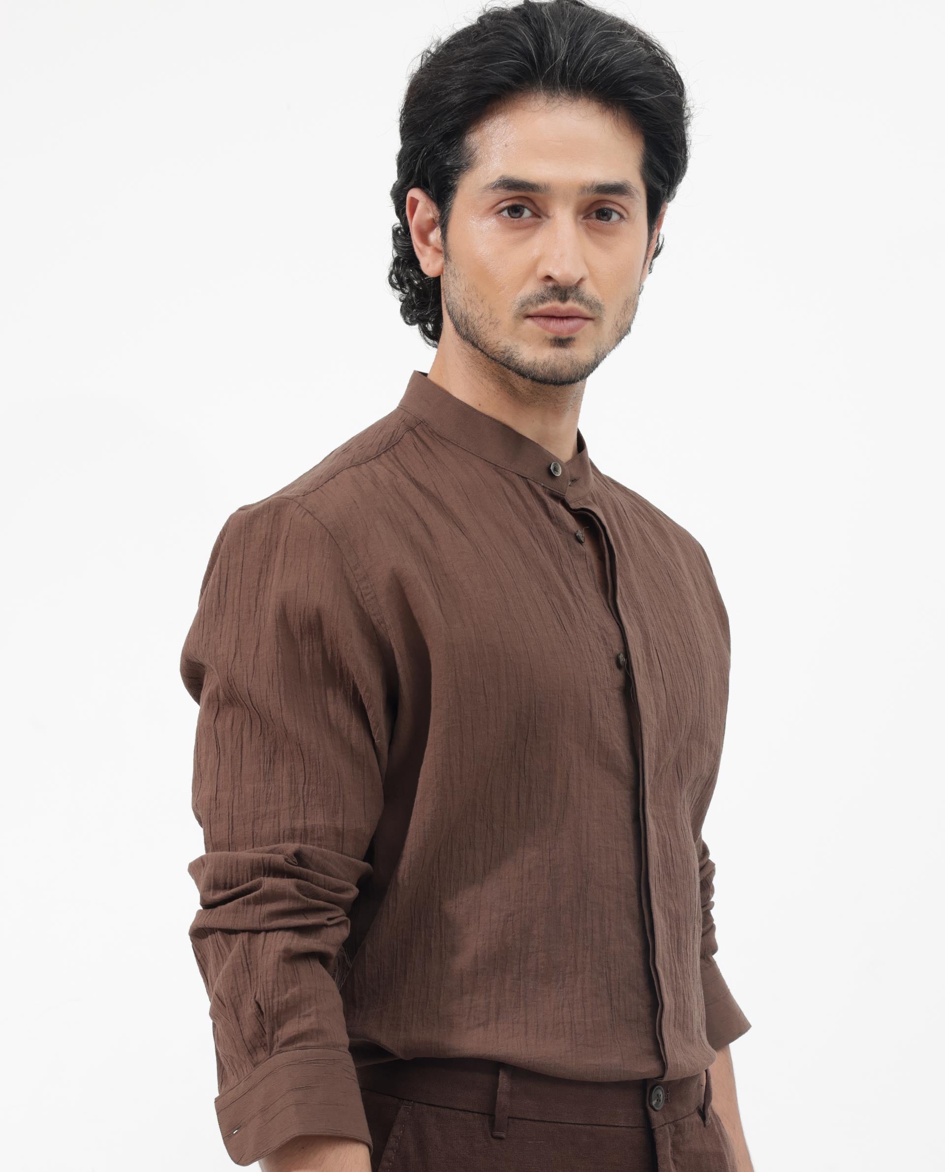 Rare Rabbit Men's Crinkle LS Brown Cotton Fabric Mandarin Collar Full Sleeves Solid Crinkle Effect Solid Shirt