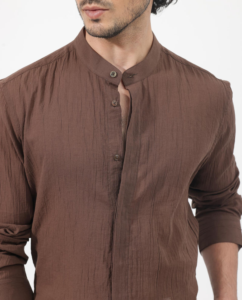 Rare Rabbit Men's Crinkle LS Brown Cotton Fabric Mandarin Collar Full Sleeves Solid Crinkle Effect Shirt
