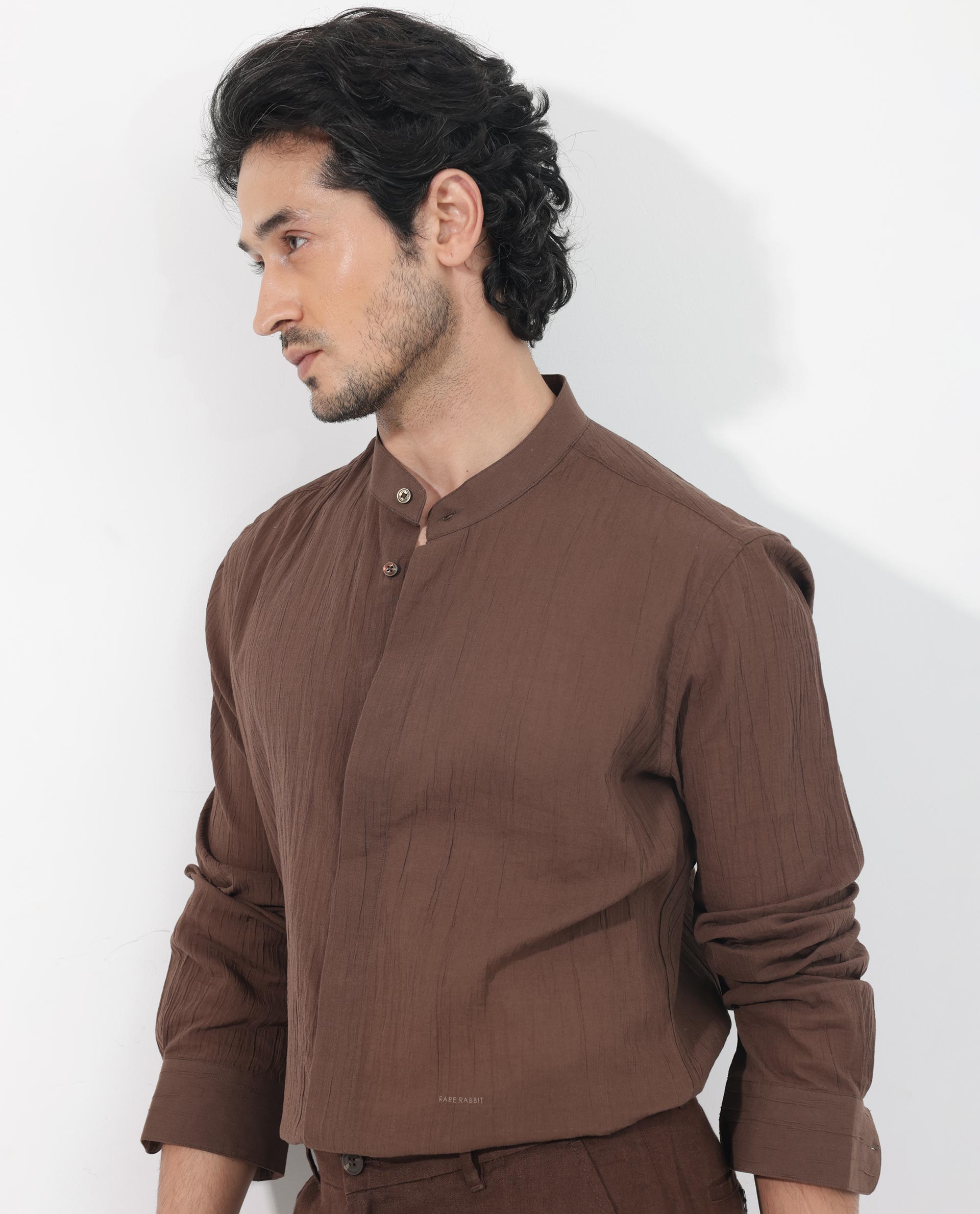 Rare Rabbit Men's Crinkle LS Brown Cotton Fabric Mandarin Collar Full Sleeves Solid Crinkle Effect Solid Shirt