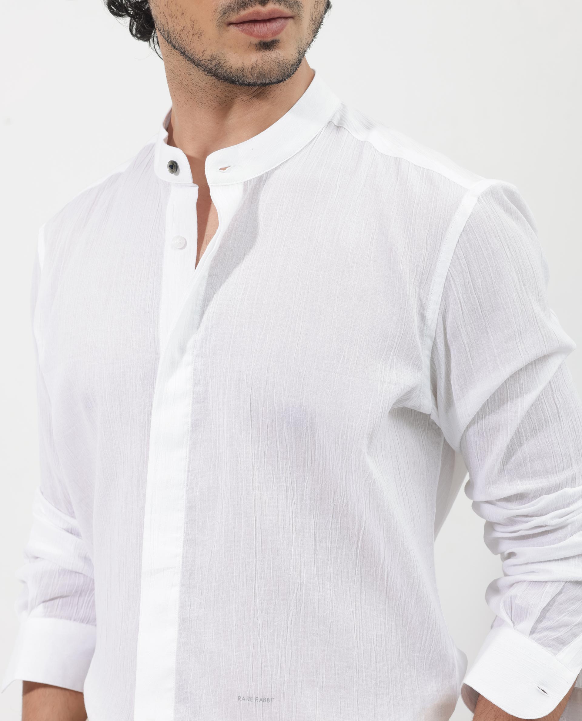 Rare Rabbit Men's Crinkle LS White Cotton Fabric Mandarin Collar Full Sleeves Solid Crinkle Effect Shirt