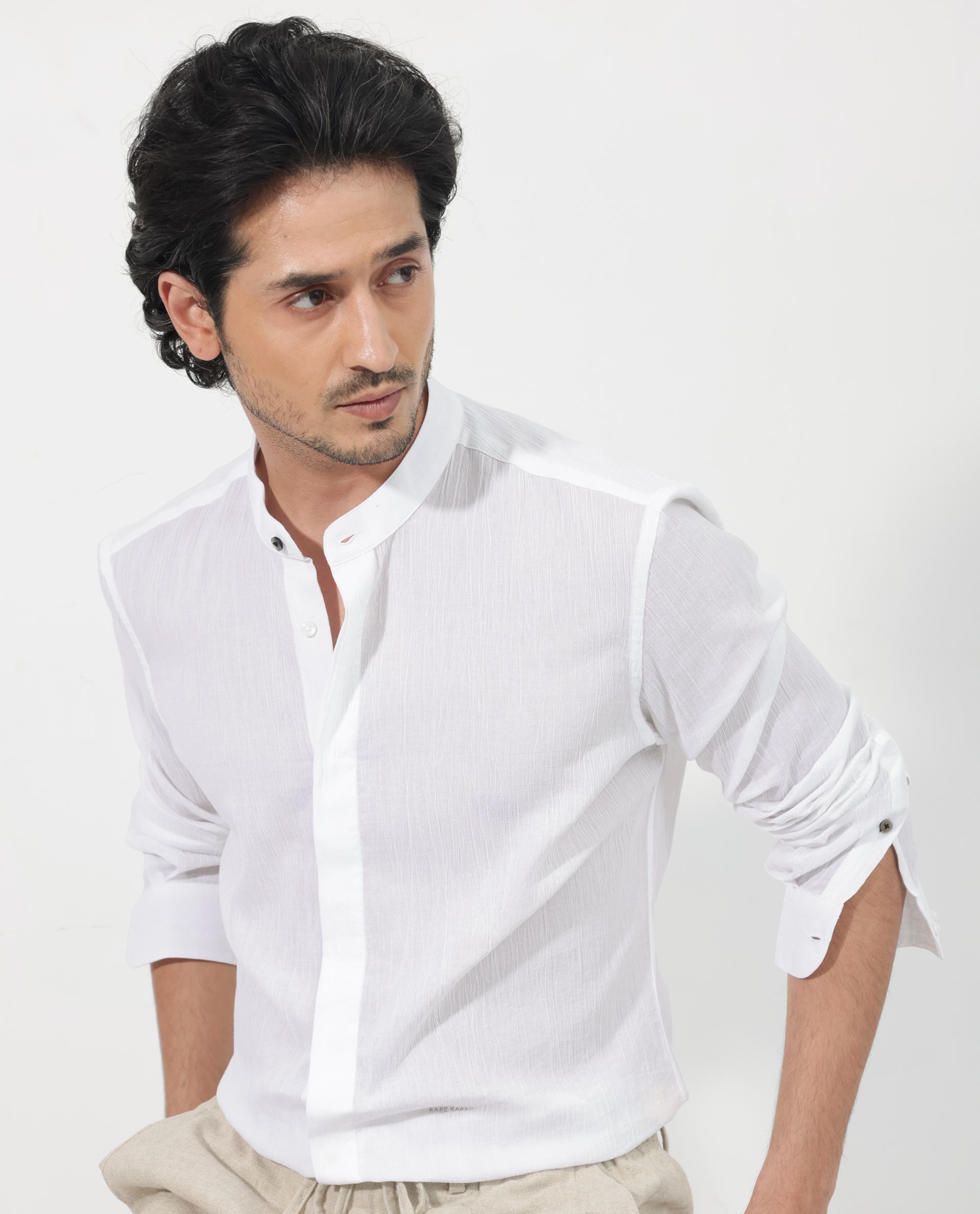 Rare Rabbit Men's Crinkle LS White Cotton Fabric Mandarin Collar Full Sleeves Solid Crinkle Effect Shirt