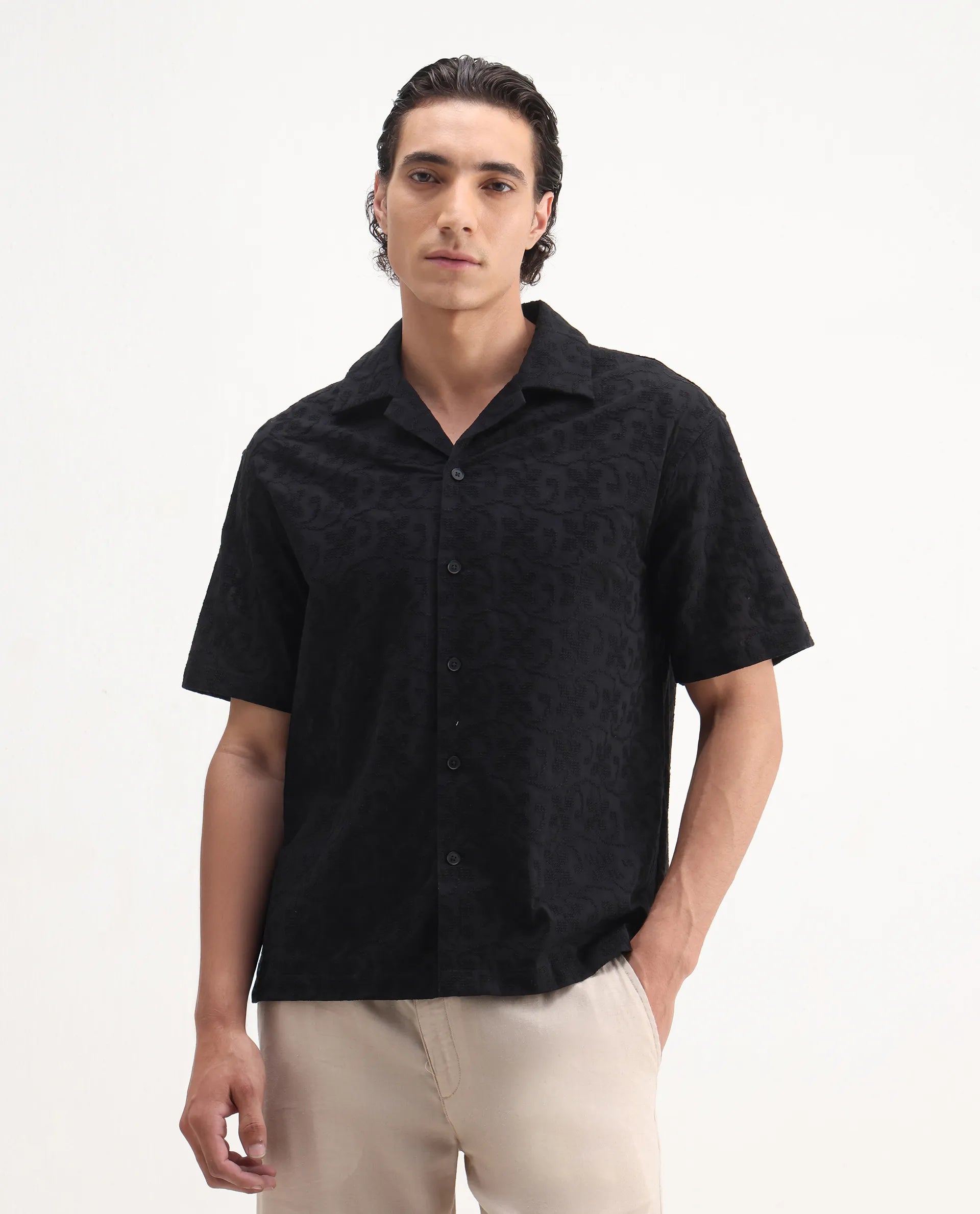 Rare Rabbit Men's Crof Black Cotton Embroidered Boxy Fit Half Sleeve Collared Shirt
