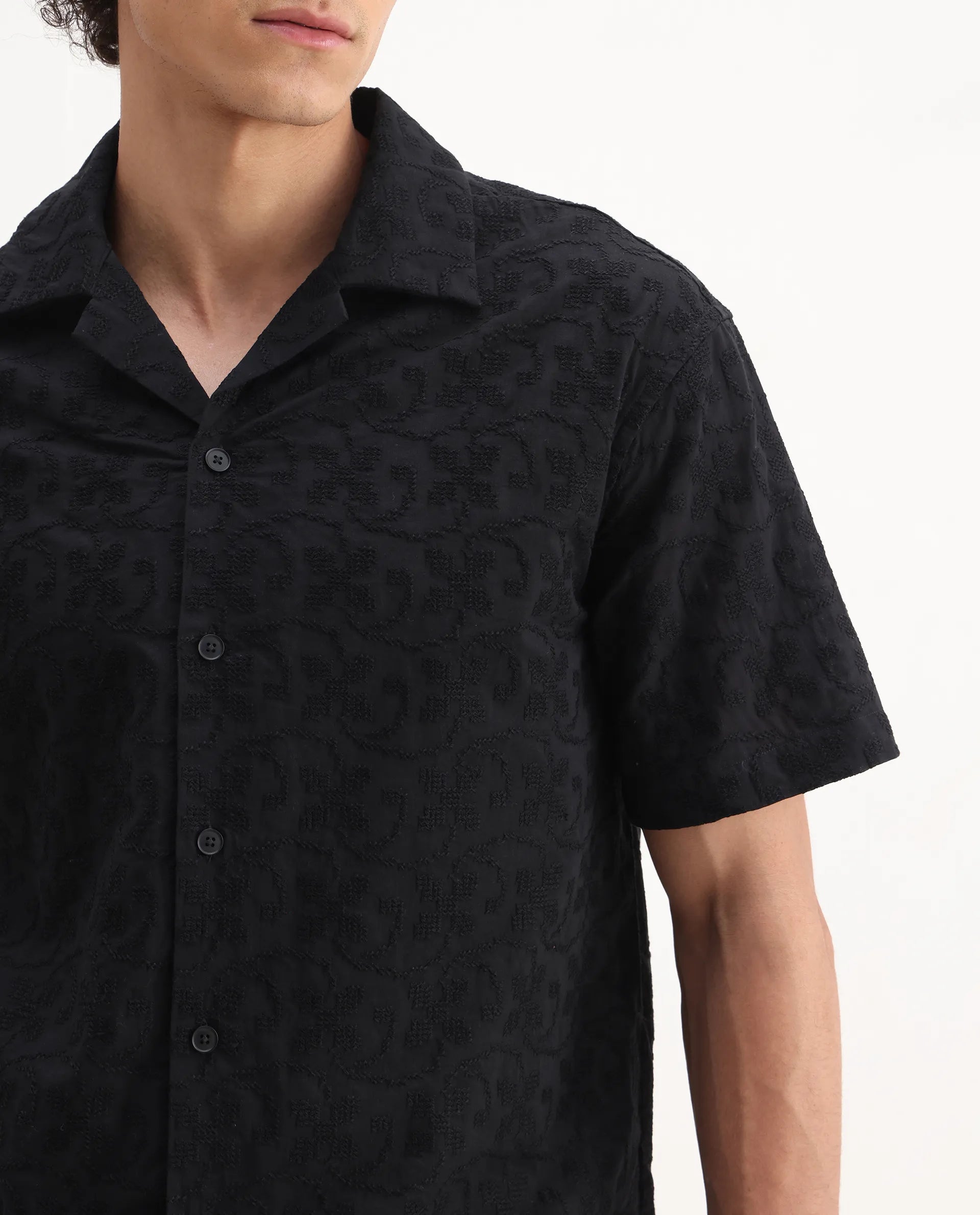 Rare Rabbit Men's Crof Black Cotton Embroidered Boxy Fit Half Sleeve Collared Shirt