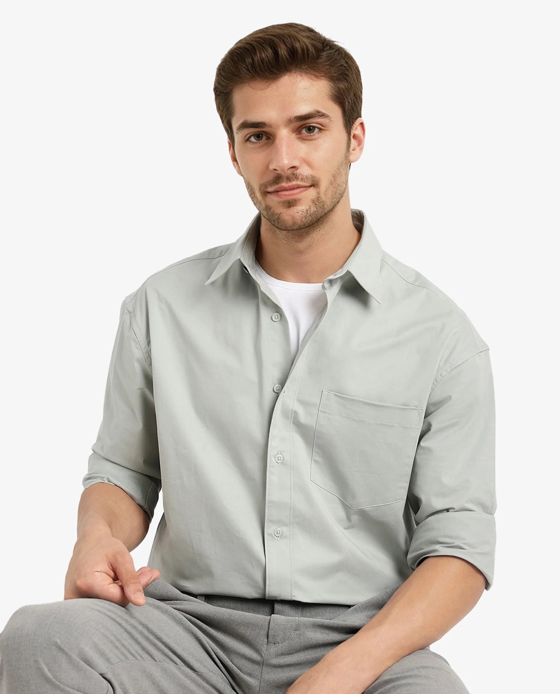 Rare Rabbit Men's Crofty Dusky Green Cotton Lycra Fabric Full Sleeves Collared Neck Regular Fit Plain Shirt