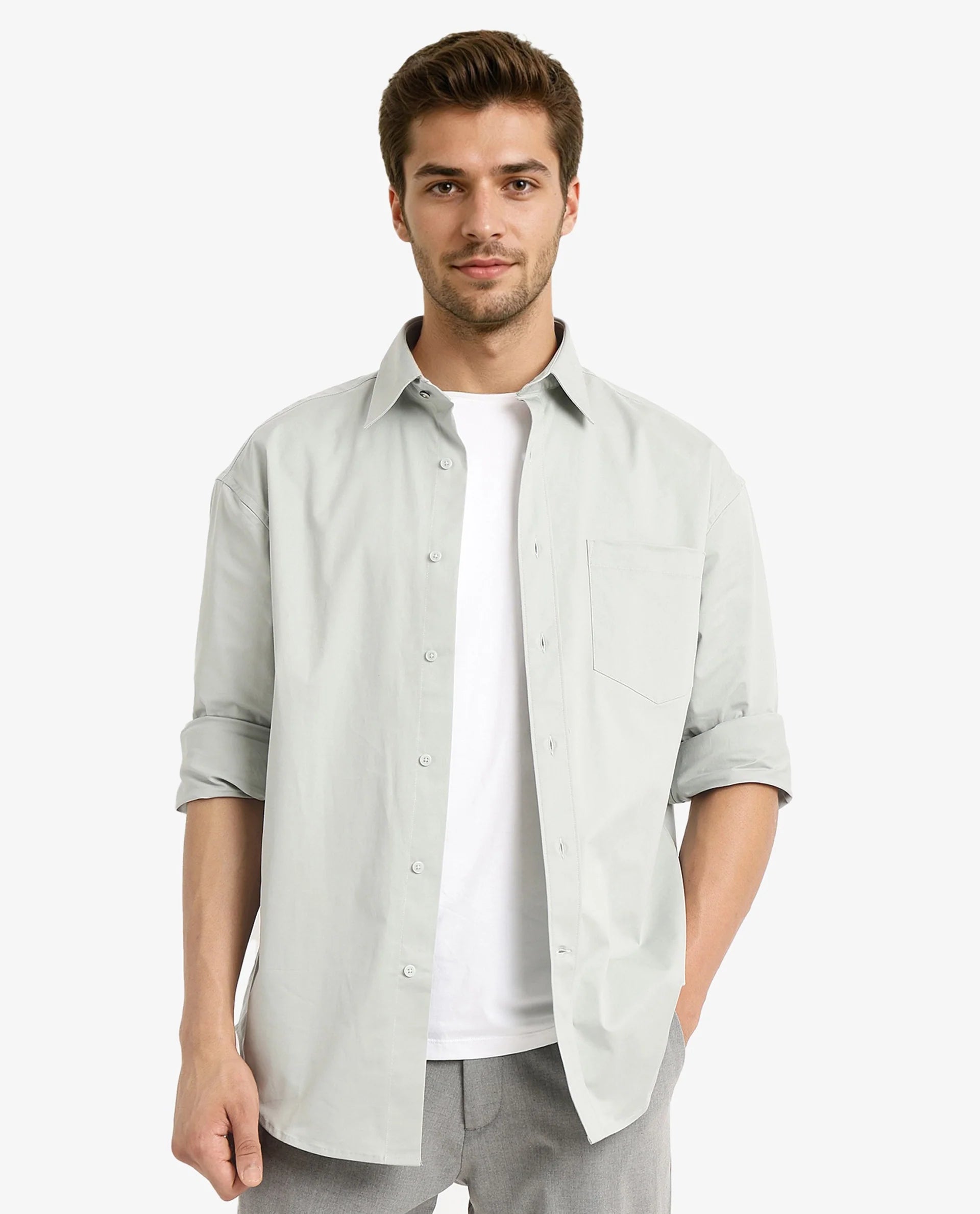 Rare Rabbit Men's Crofty Dusky Green Cotton Lycra Fabric Full Sleeves Collared Neck Regular Fit Plain Shirt