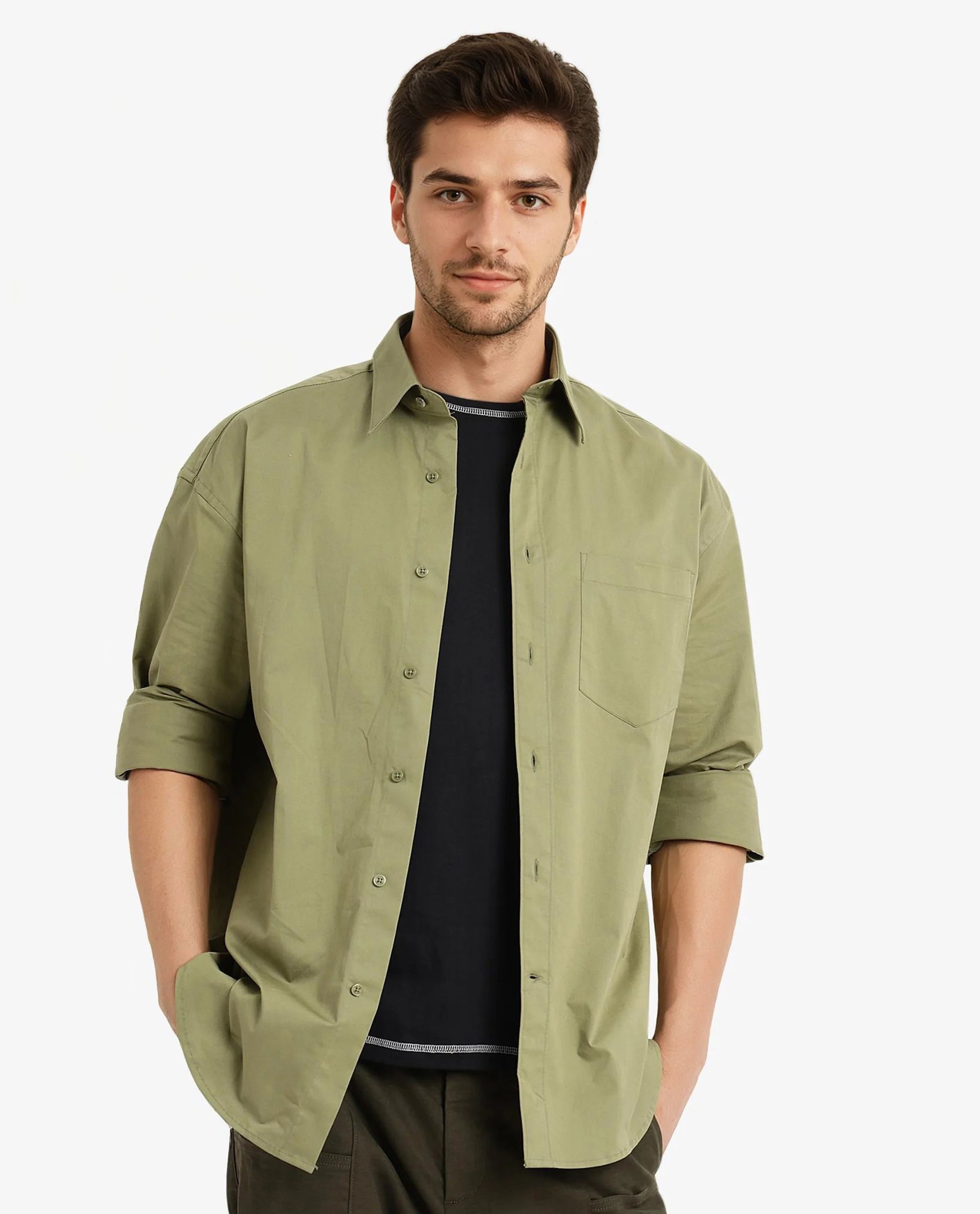 Rare Rabbit Men's Crofty Olive Cotton Lycra Fabric Full Sleeves Collared Neck Regular Fit Plain Shirt