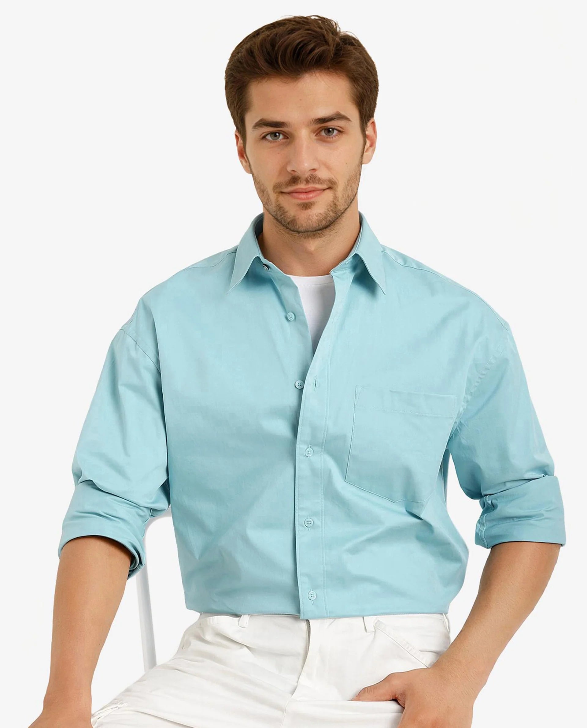 Rare Rabbit Men's Crofty Pastel Blue Cotton Lycra Fabric Full Sleeves Collared Neck Regular Fit Plain Shirt