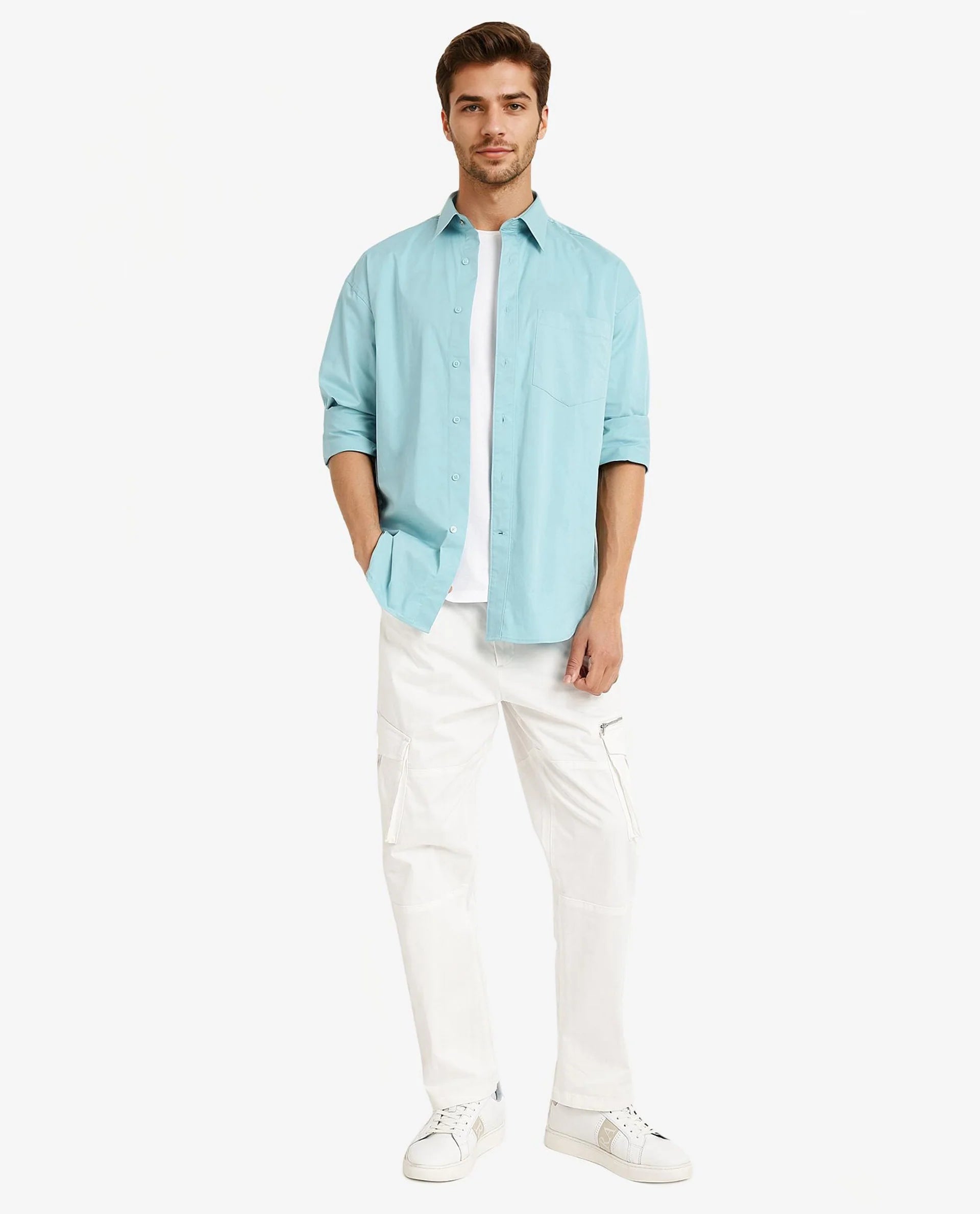 Rare Rabbit Men's Crofty Pastel Blue Cotton Lycra Fabric Full Sleeves Collared Neck Regular Fit Plain Shirt