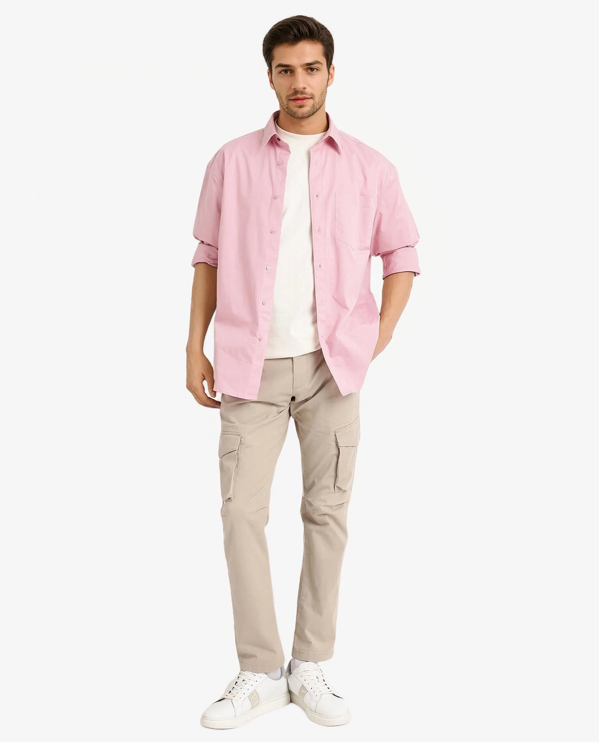 Rare Rabbit Men's Crofty Pastel Pink Cotton Lycra Fabric Full Sleeves Collared Neck Regular Fit Plain Shirt