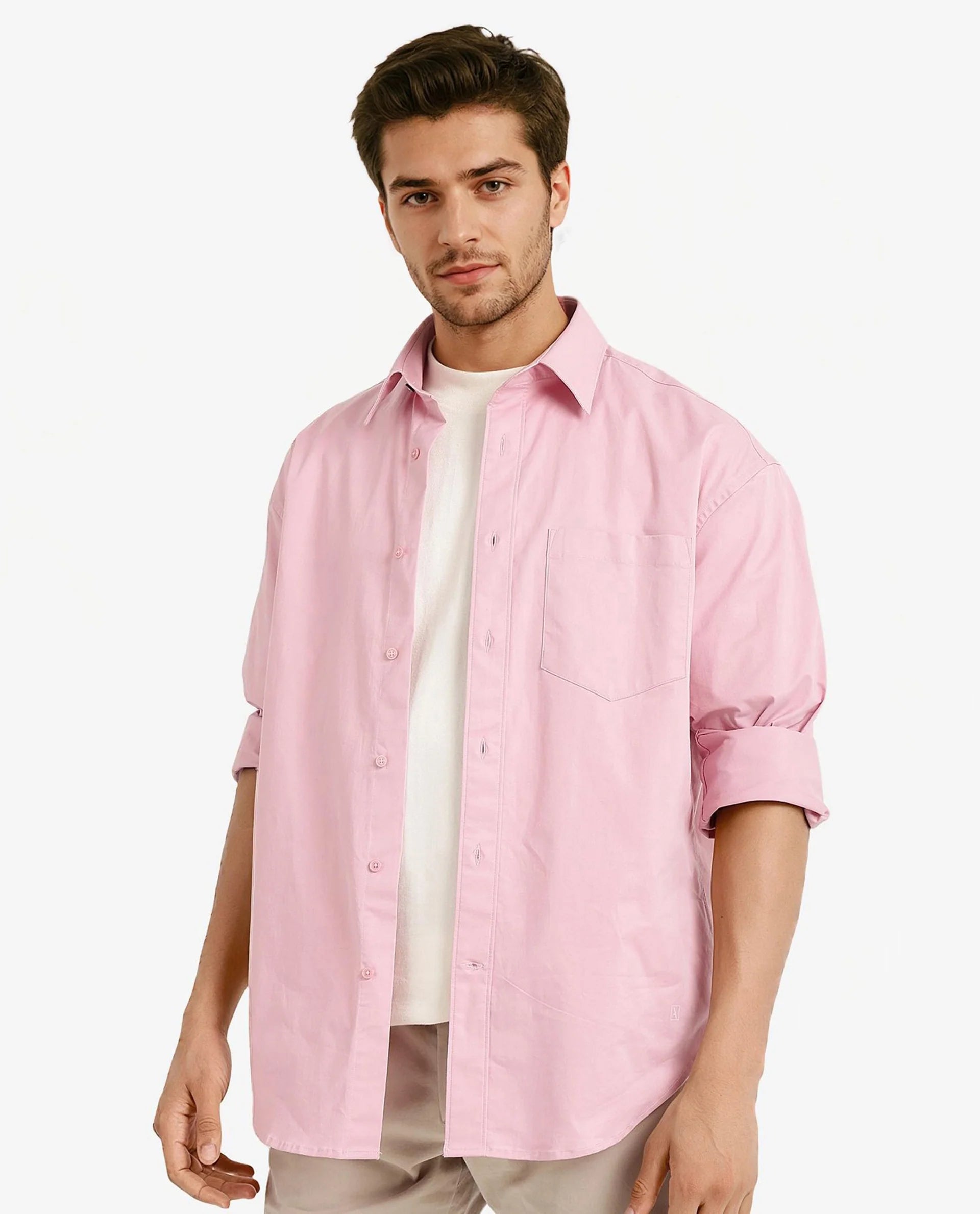 Rare Rabbit Men's Crofty Pastel Pink Cotton Lycra Fabric Full Sleeves Collared Neck Regular Fit Plain Shirt