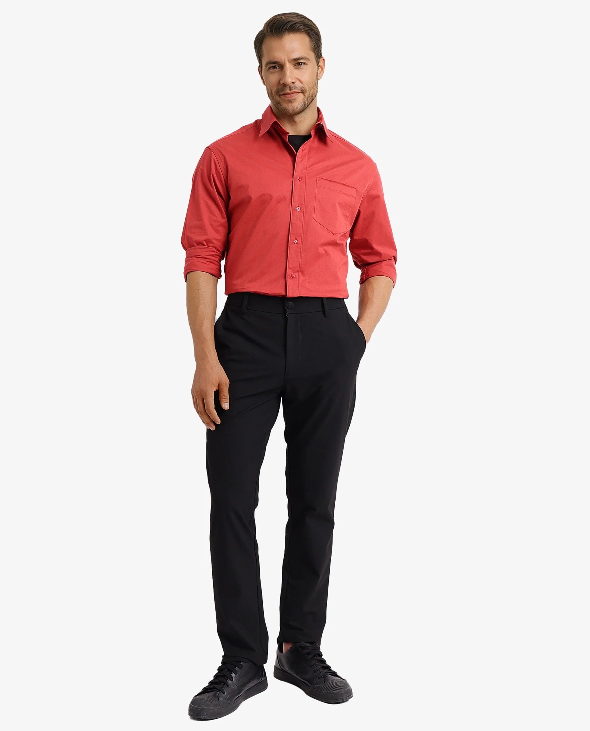 Rare Rabbit Men's Crofty Red Cotton Lycra Fabric Full Sleeves Collared Neck Regular Fit Plain Shirt