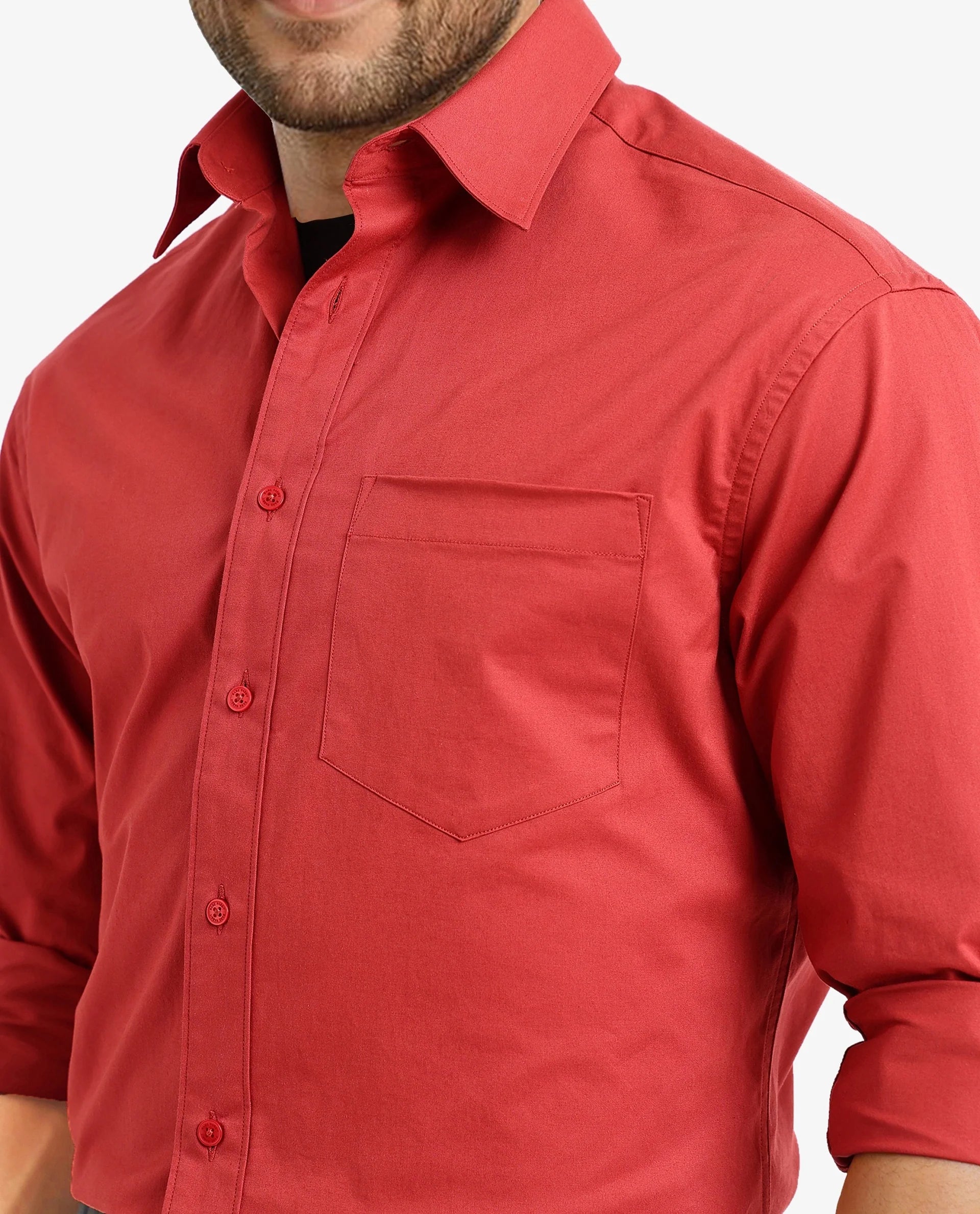 Rare Rabbit Men's Crofty Red Cotton Lycra Fabric Full Sleeves Collared Neck Regular Fit Plain Shirt