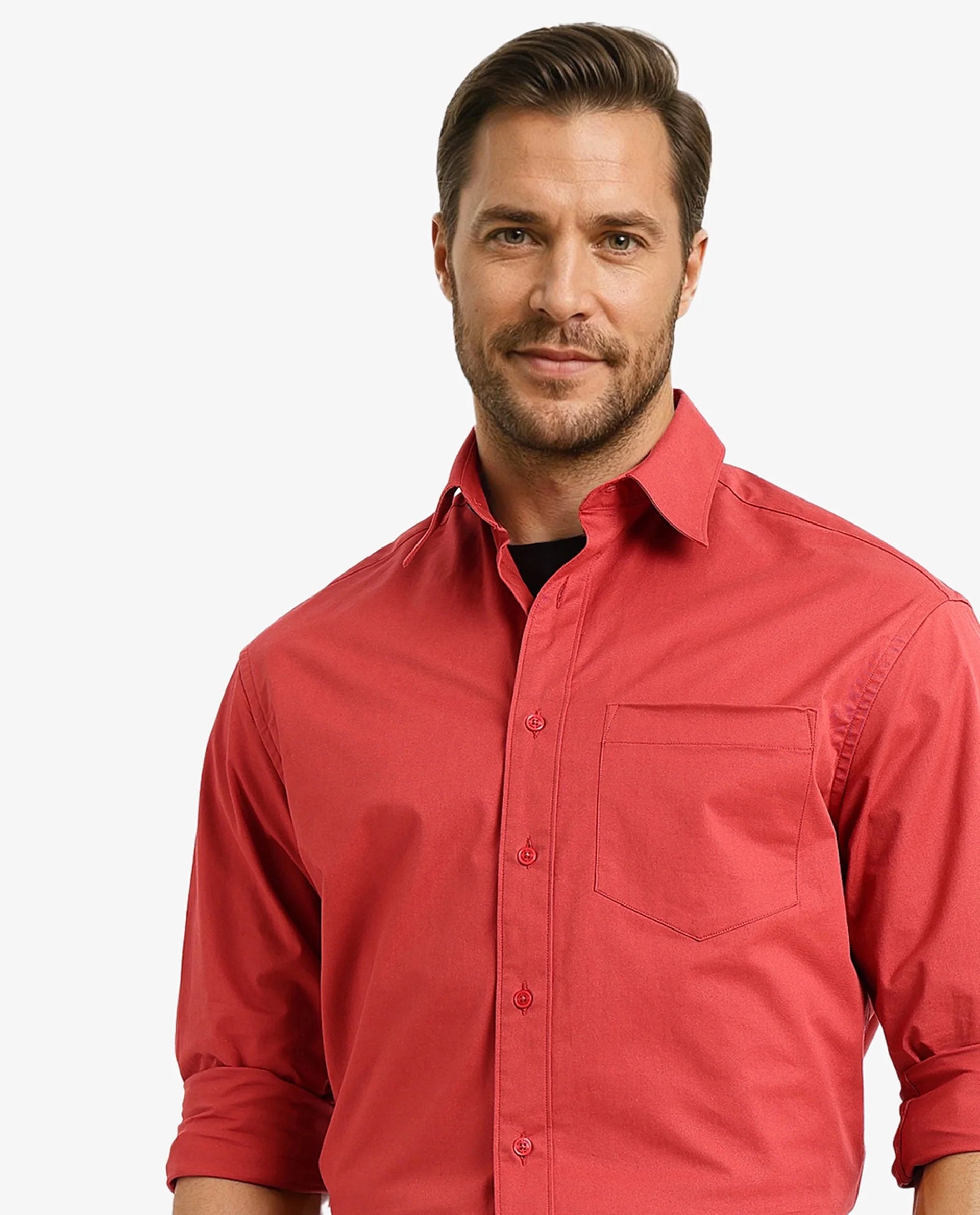 Rare Rabbit Men's Crofty Red Cotton Lycra Fabric Full Sleeves Collared Neck Regular Fit Plain Shirt