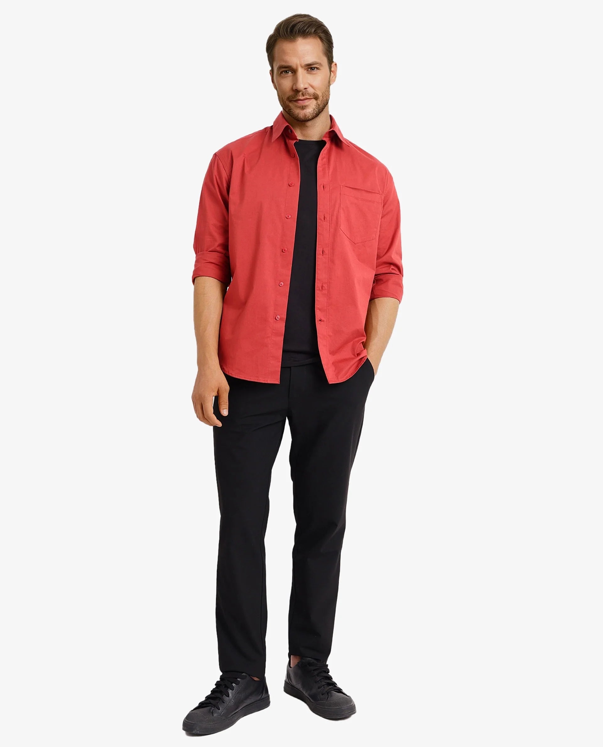 Rare Rabbit Men's Crofty Red Cotton Lycra Fabric Full Sleeves Collared Neck Regular Fit Plain Shirt