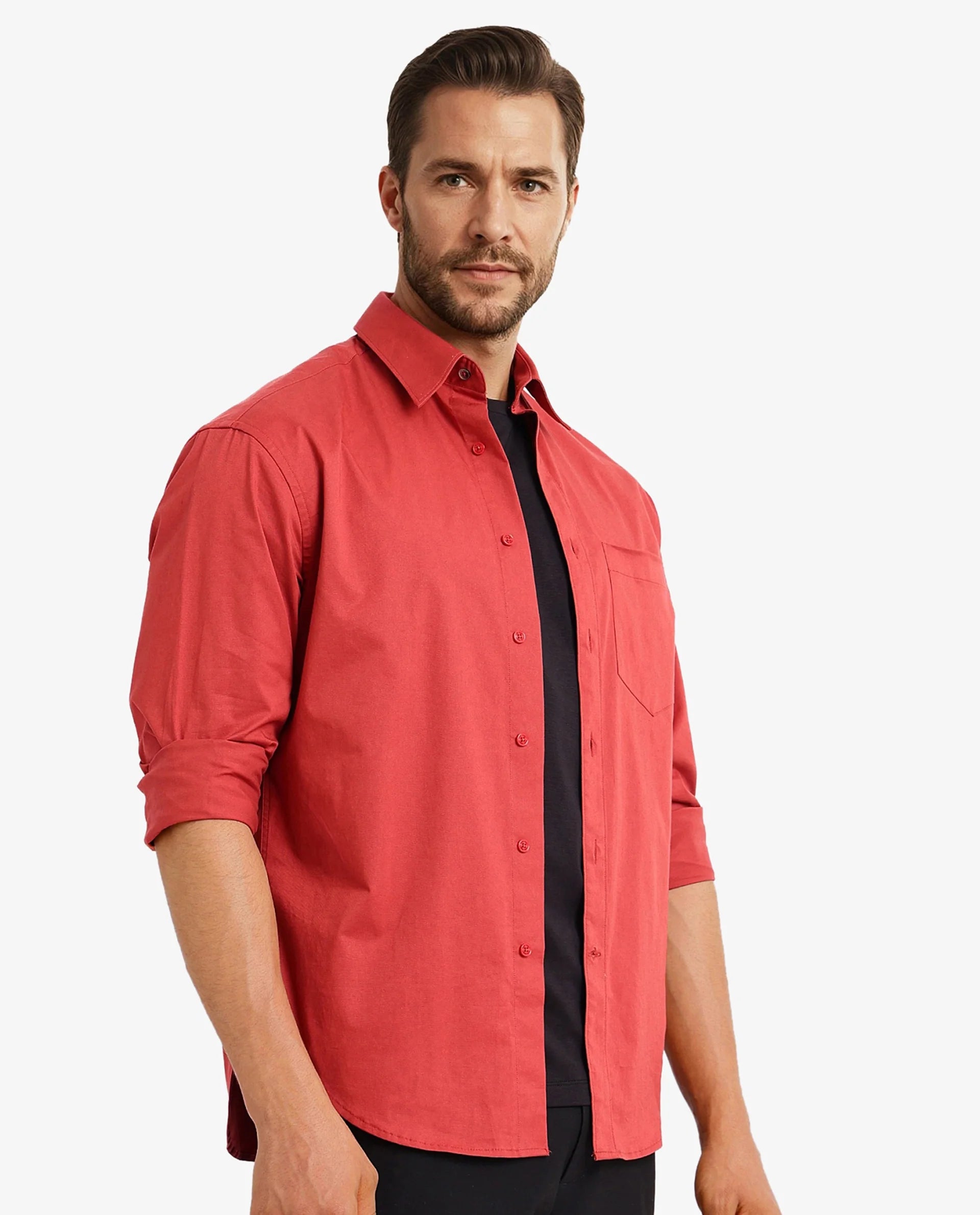 Rare Rabbit Men's Crofty Red Cotton Lycra Fabric Full Sleeves Collared Neck Regular Fit Plain Shirt