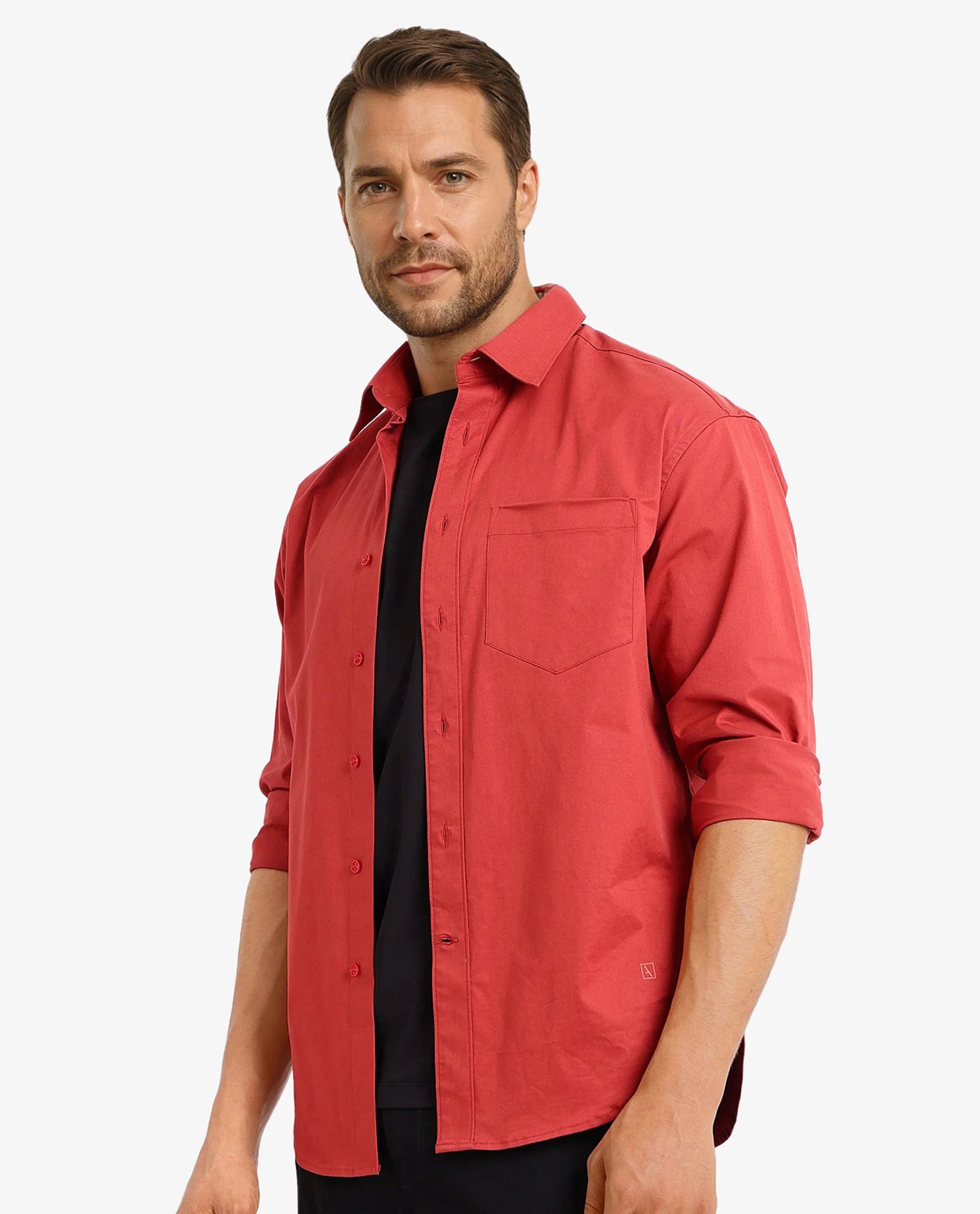Rare Rabbit Men's Crofty Red Cotton Lycra Fabric Full Sleeves Collared Neck Regular Fit Plain Shirt