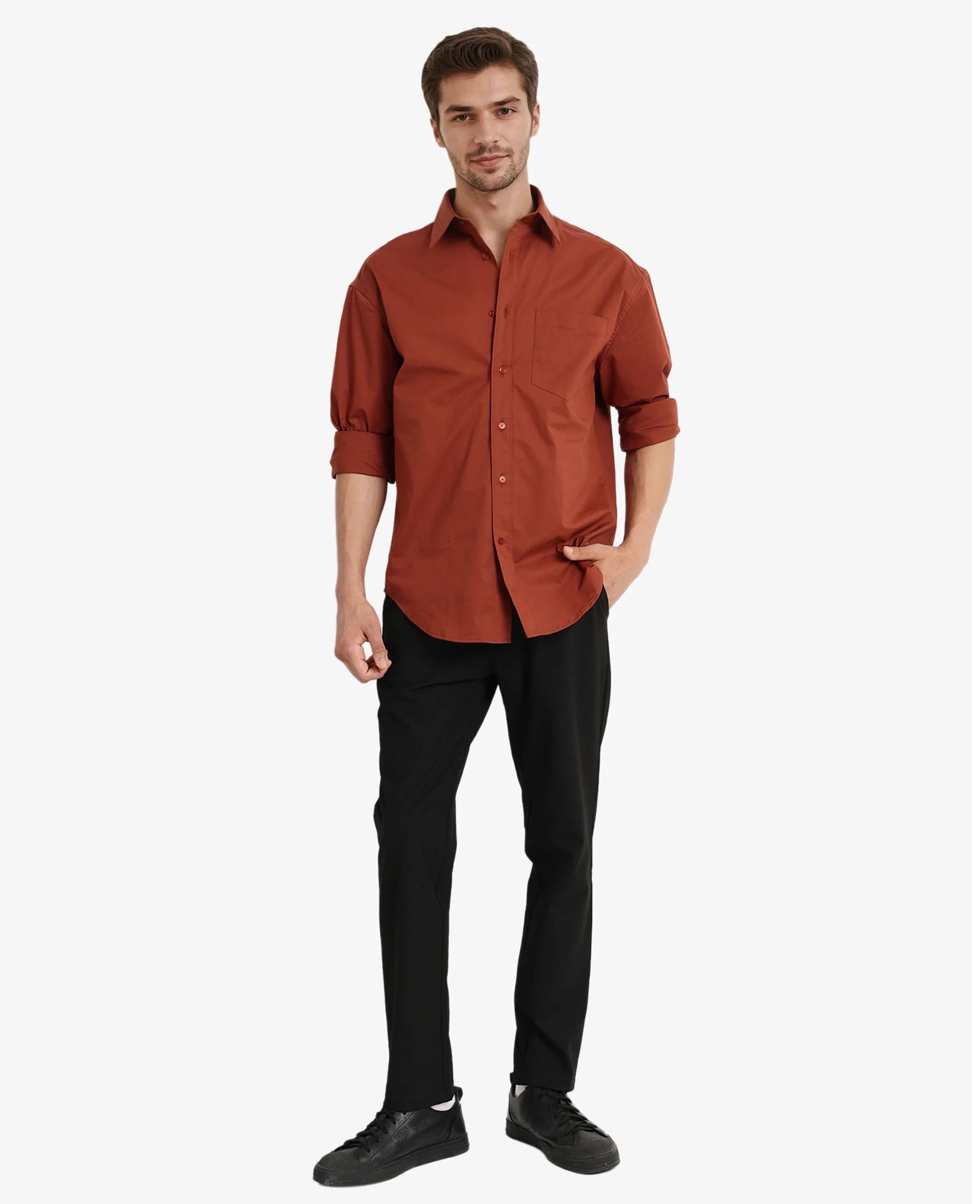 Rare Rabbit Men's Crofty Rust Cotton Lycra Fabric Full Sleeves Collared Neck Regular Fit Plain Shirt