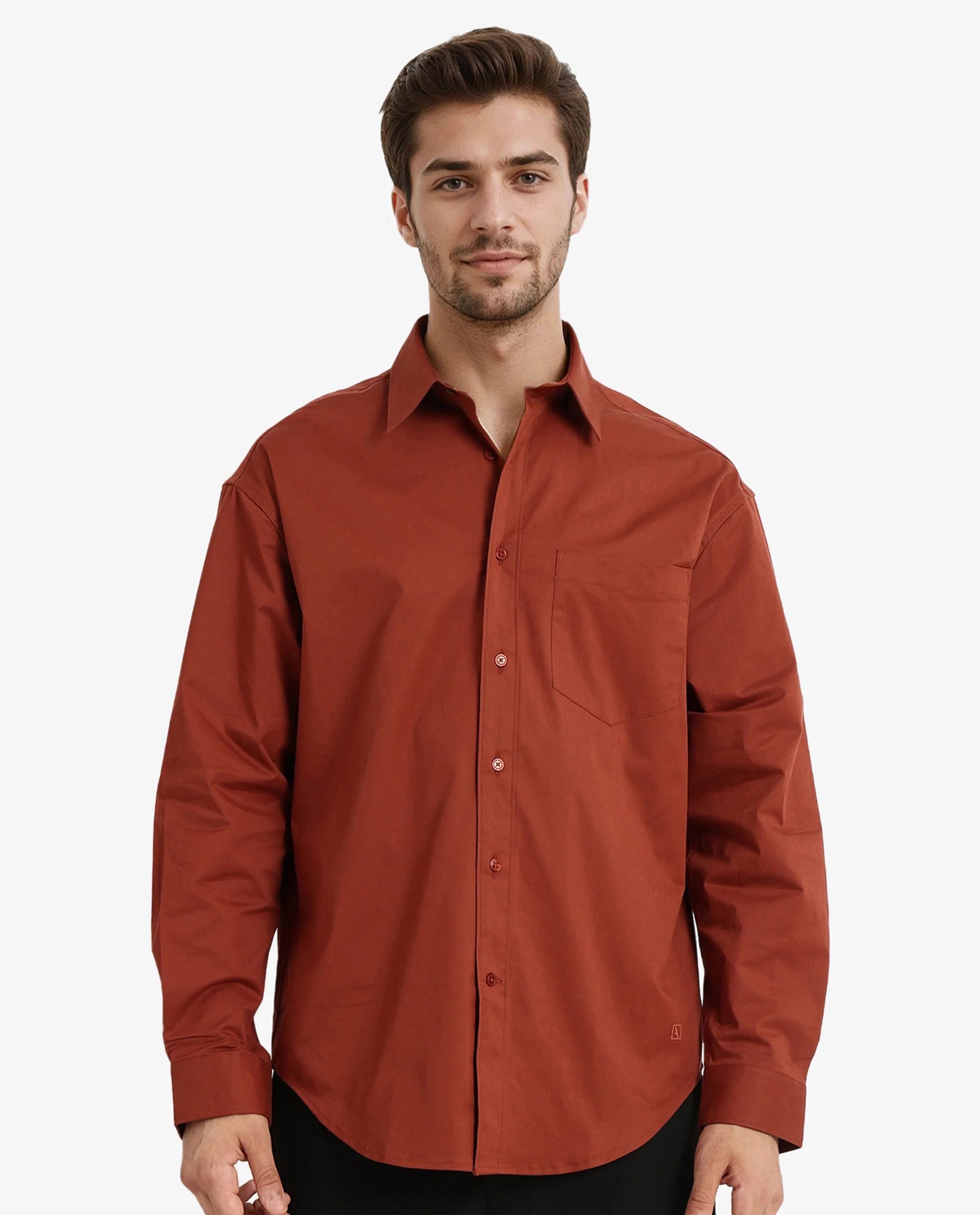 Rare Rabbit Men's Crofty Rust Cotton Lycra Fabric Full Sleeves Collared Neck Regular Fit Plain Shirt