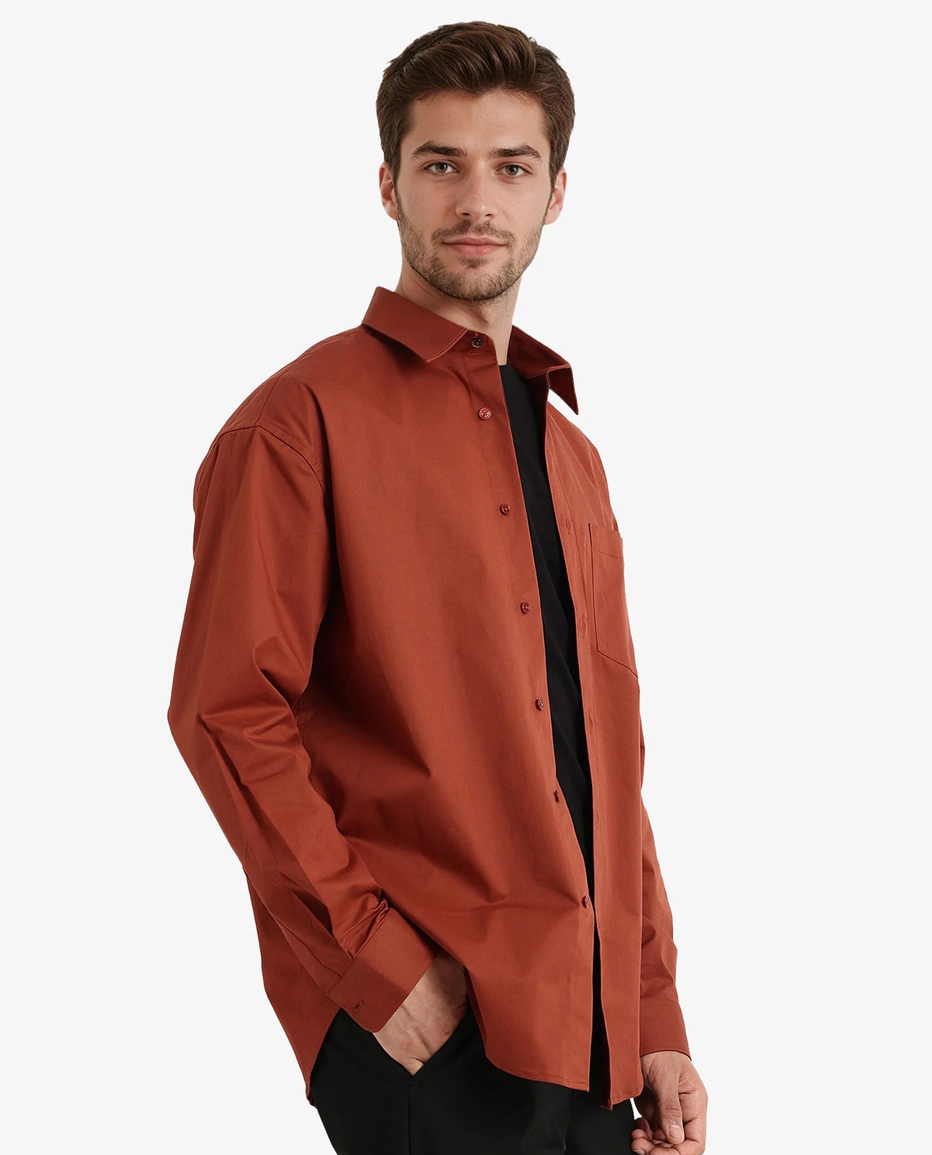 Rare Rabbit Men's Crofty Rust Cotton Lycra Fabric Full Sleeves Collared Neck Regular Fit Plain Shirt