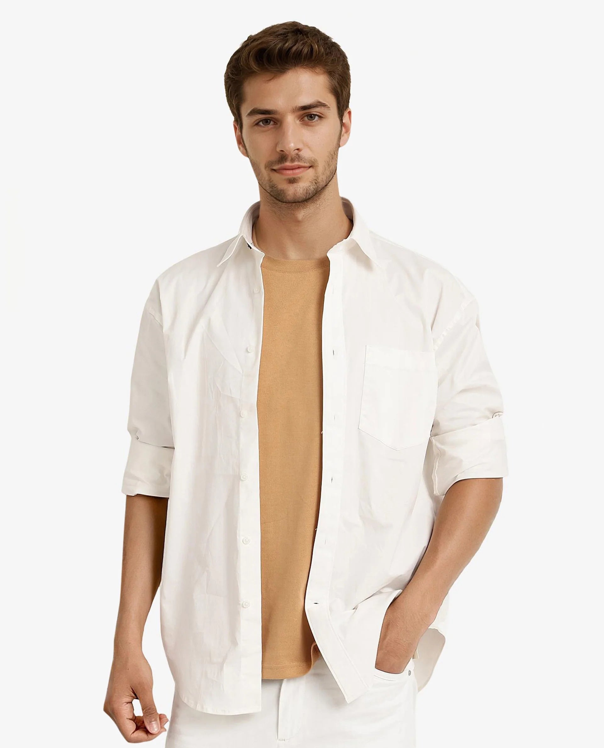 Rare Rabbit Men's Crofty White Cotton Lycra Fabric Full Sleeves Collared Neck Regular Fit Plain Shirt