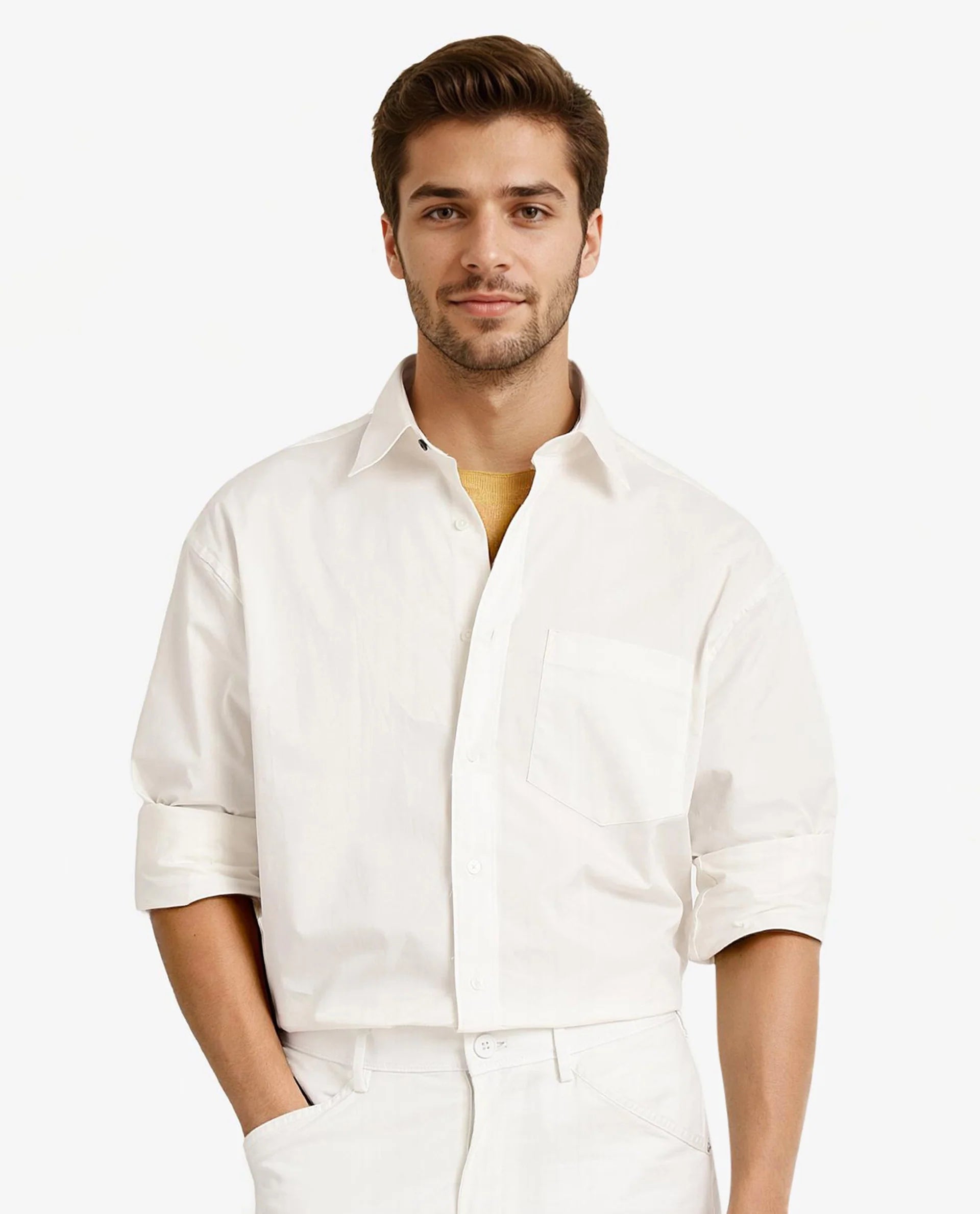 Rare Rabbit Men's Crofty White Cotton Lycra Fabric Full Sleeves Collared Neck Regular Fit Plain Shirt