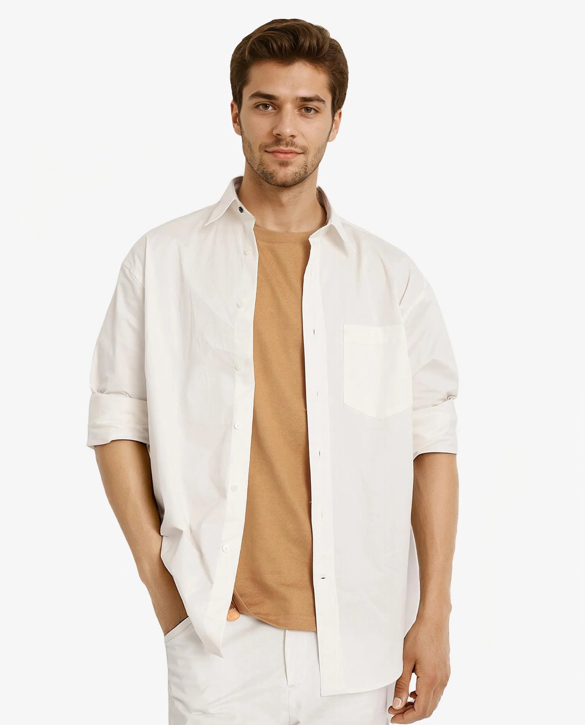 Rare Rabbit Men's Crofty White Cotton Lycra Fabric Full Sleeves Collared Neck Regular Fit Plain Shirt